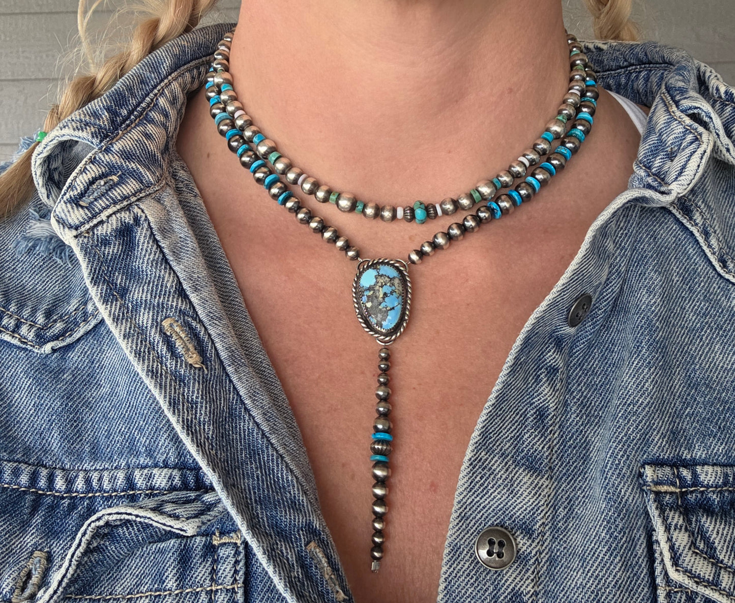 Golden Hill Turquoise Lariat & Sterling Silver Navajo Style Pearls & Turquoise 16 inches