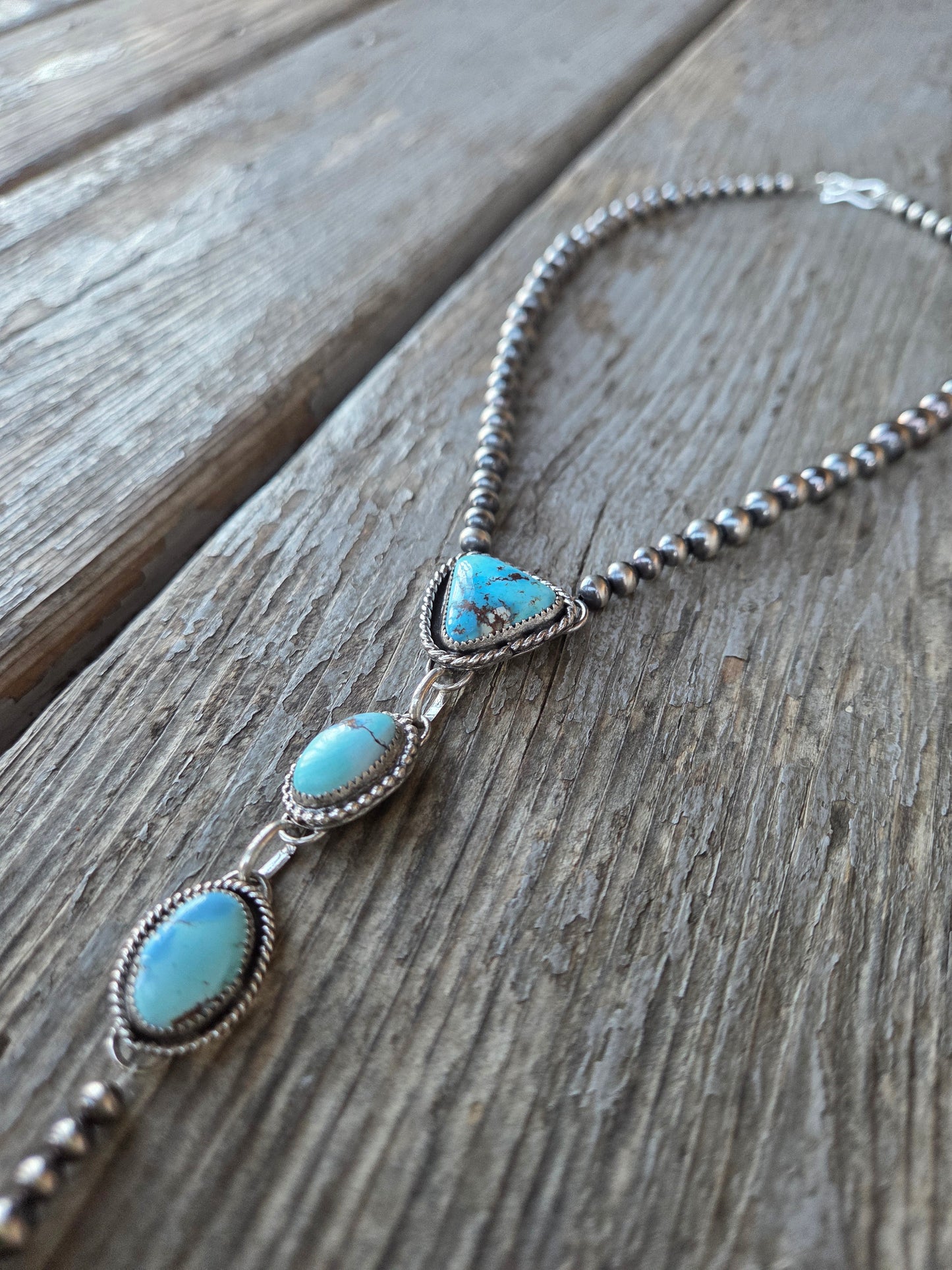 Lariet Golden Hill Turquoise & Sterling Silver Navajo Style Pearl • 16 inches with 6 inch drop