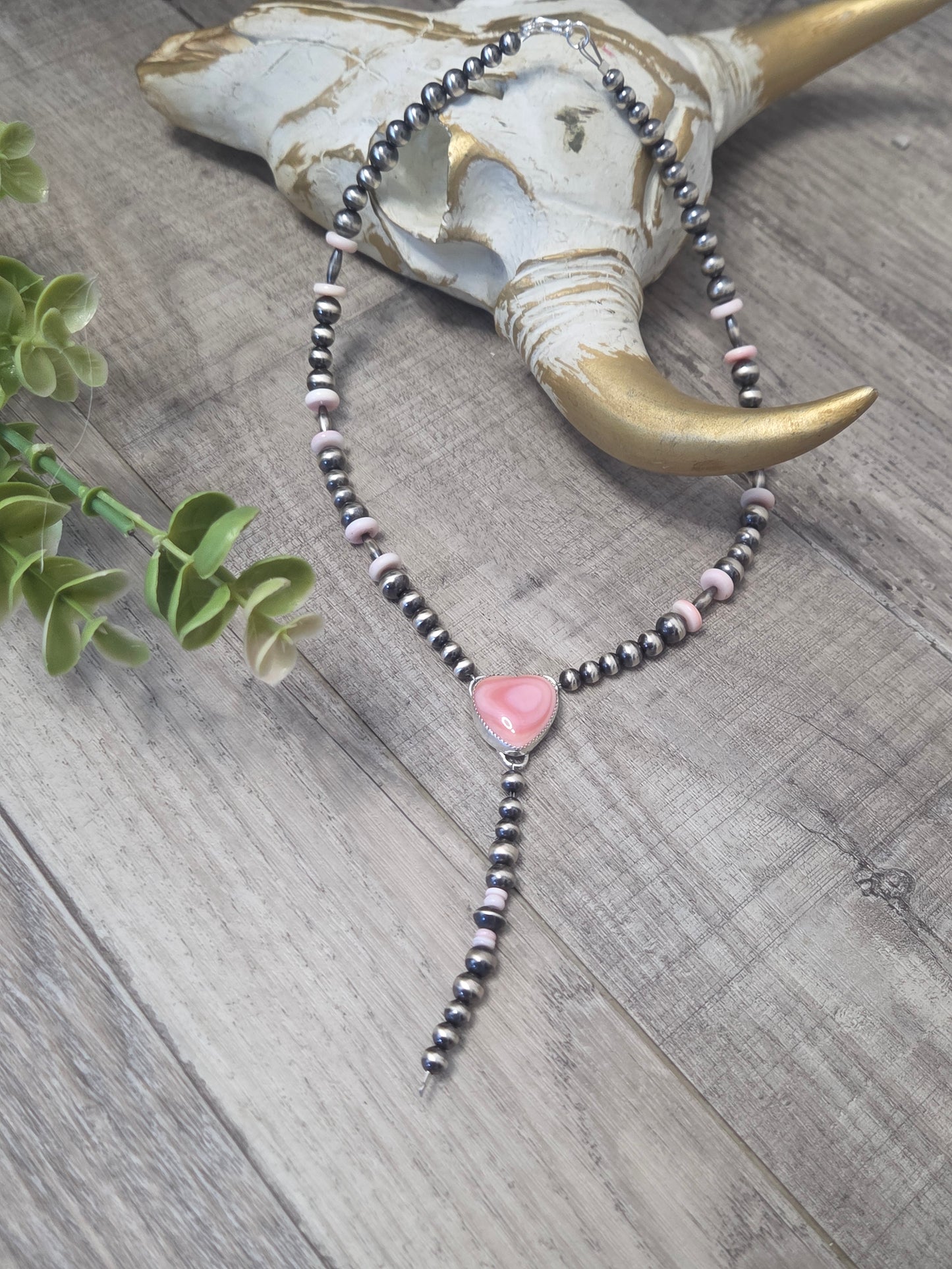 Pink Conch Lariat & Sterling Silver Navajo Style Pearls 16.5 inches