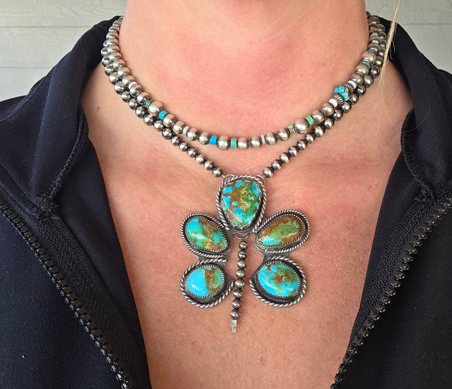 Sonoran Turquoise & Sterling Silver Navajo Style Pearls. 16 inches