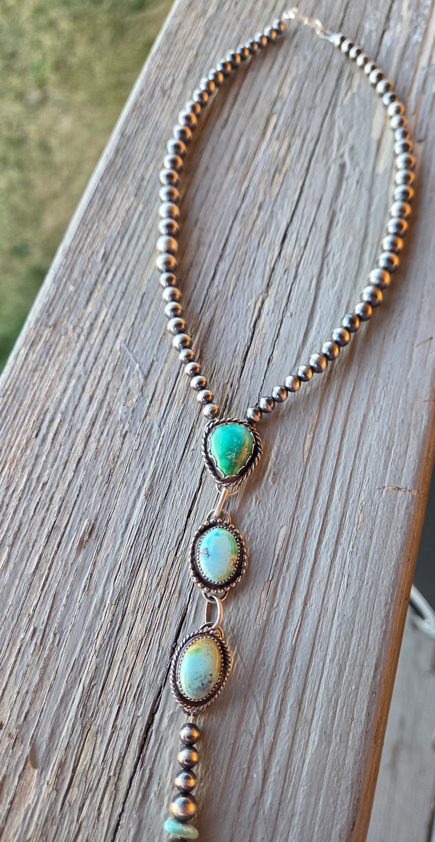Emerald & Golden Hill Turquoise & Sterling Silver Navajo Style Pearl • 15.5 inches with 5.5 inch drop