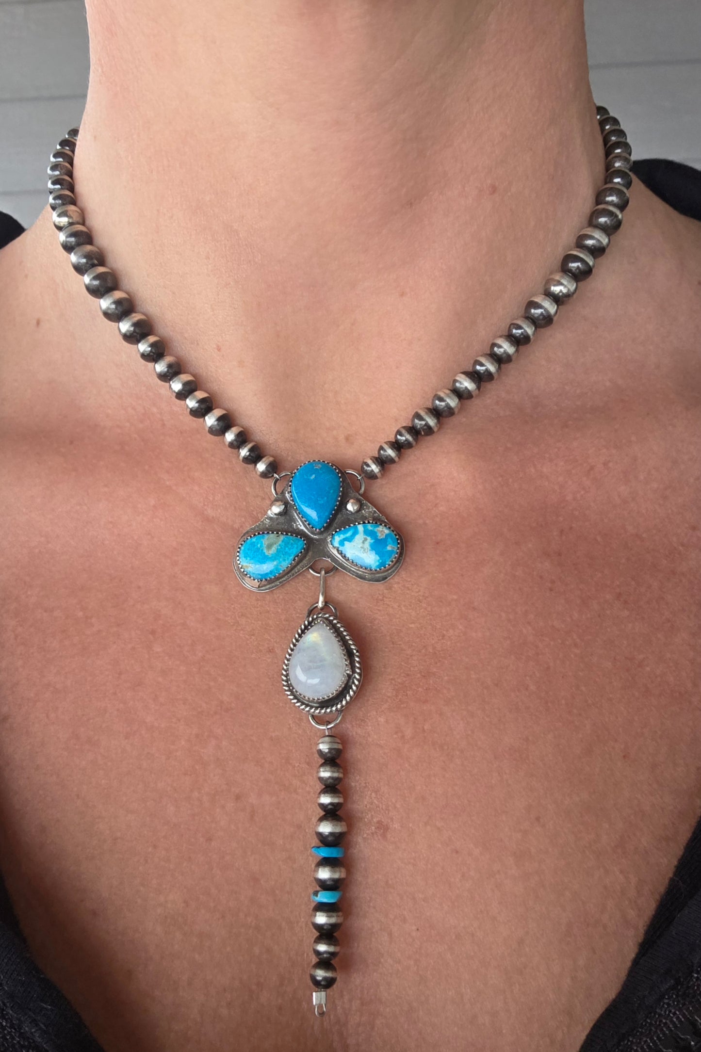 Blue Bird Turquoise & Moonstone Lariat & Sterling Silver Navajo Style Pearls 16 inches