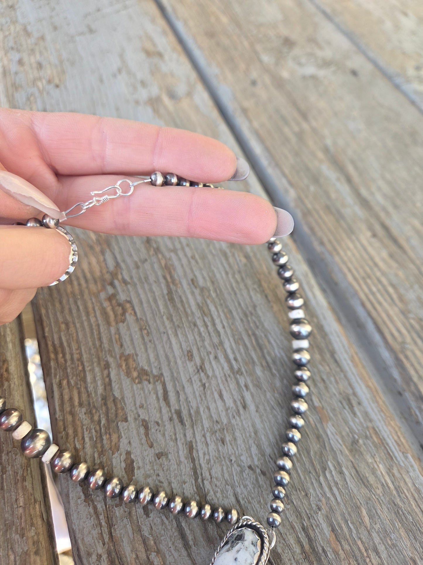 Lariat White Buffalo, Palomino, CottonCandy & Sterling Silver Navajo Style Pearl • 16 inches with 6 inch drop