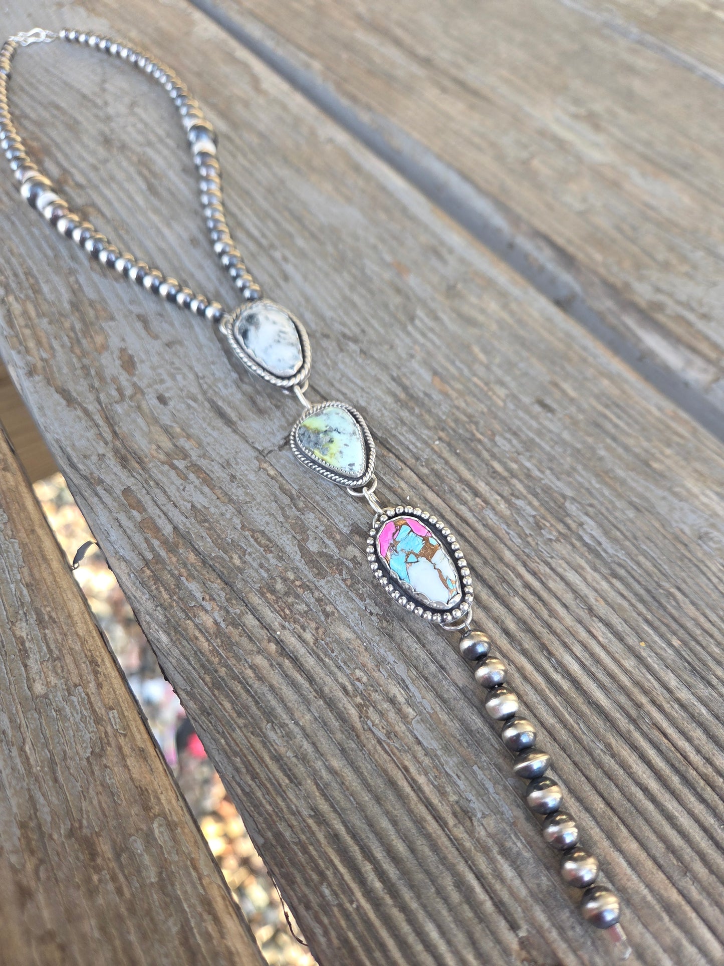 Lariat White Buffalo, Palomino, CottonCandy & Sterling Silver Navajo Style Pearl • 16 inches with 6 inch drop
