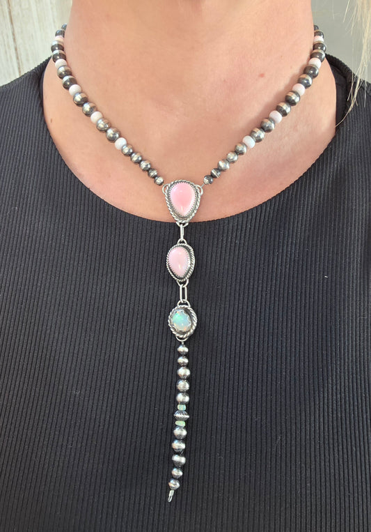 Lariat Pink Conch & Opal Sterling Navajo Style Pearls