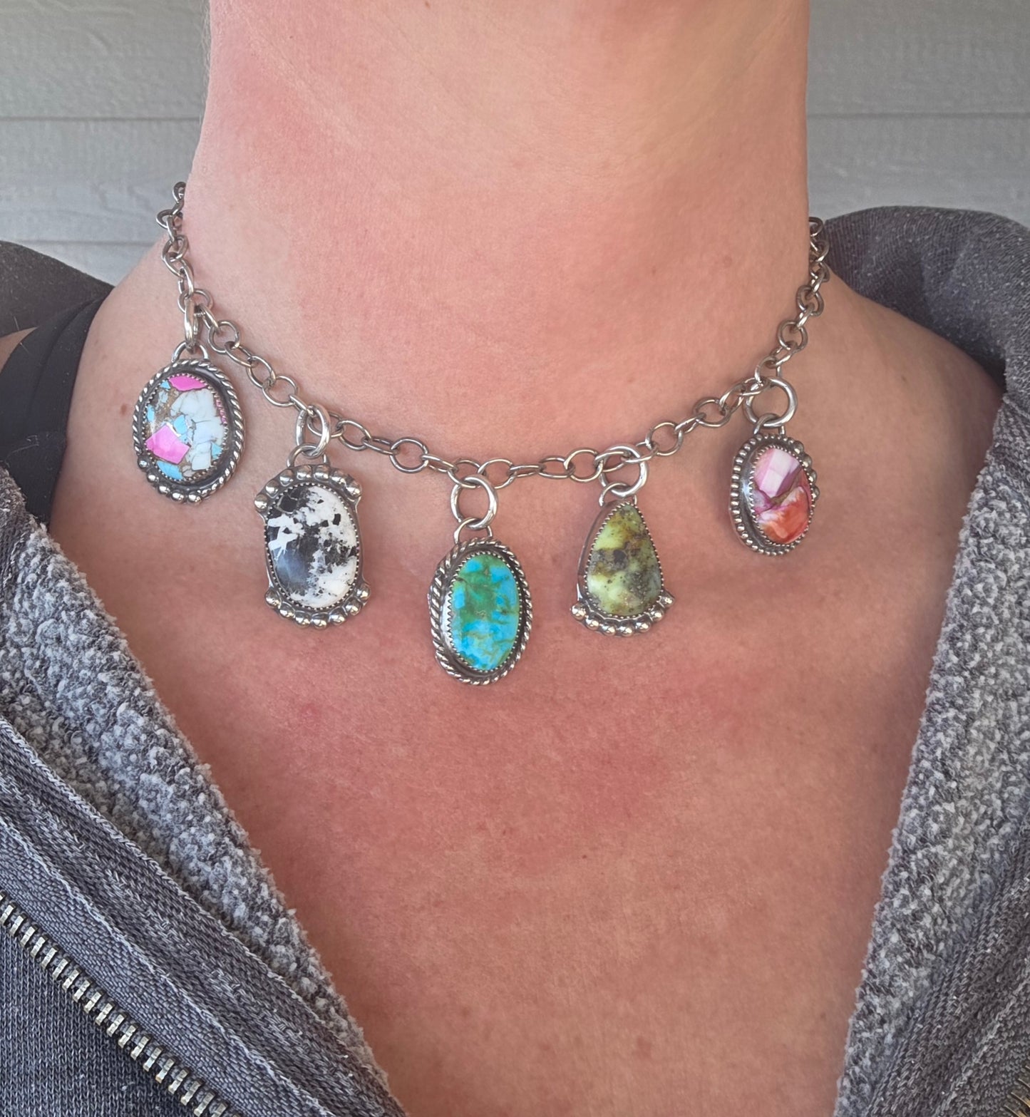 Choker Charm• Sierra Belle Turquoise • White Buffalo • Palomino • Cotton Candy • Pink Spiny Adjustable up to 16 inches.