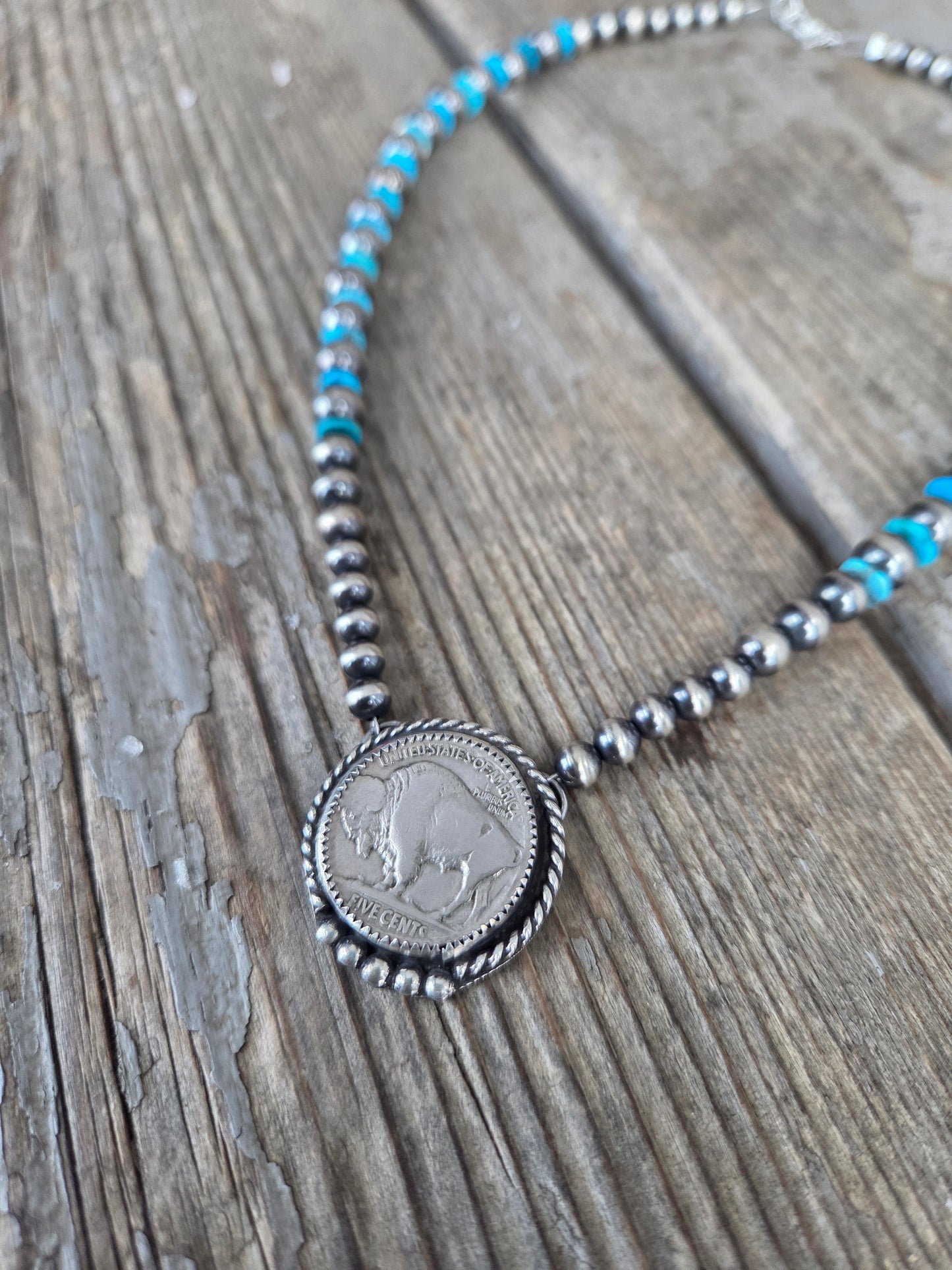 Buffalo Coin•Turquoise • Sterling Silver Navajo Style Pearls