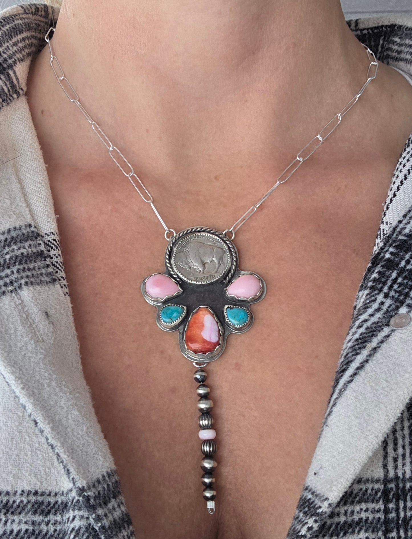Buffalo Coin•Pink Spiny• Kingsmen Turquoise • Pink Conch with sterling pearls. 18 inches-adjustable chain
