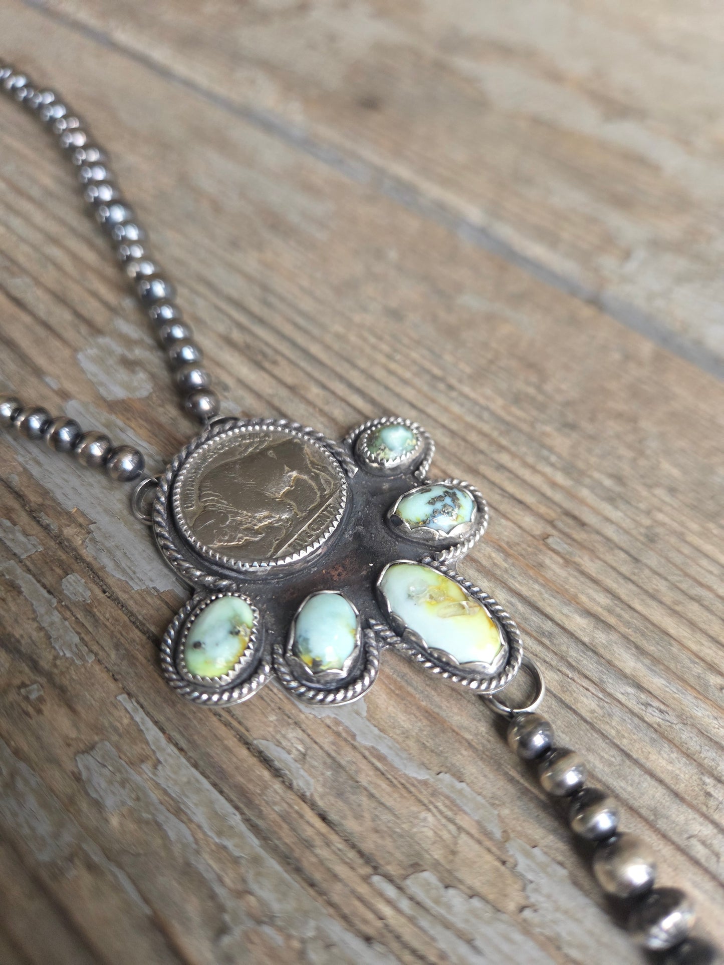 Buffalo Coin• Palomino & Sterling Silver Navajo Style Pearls. 16 inches