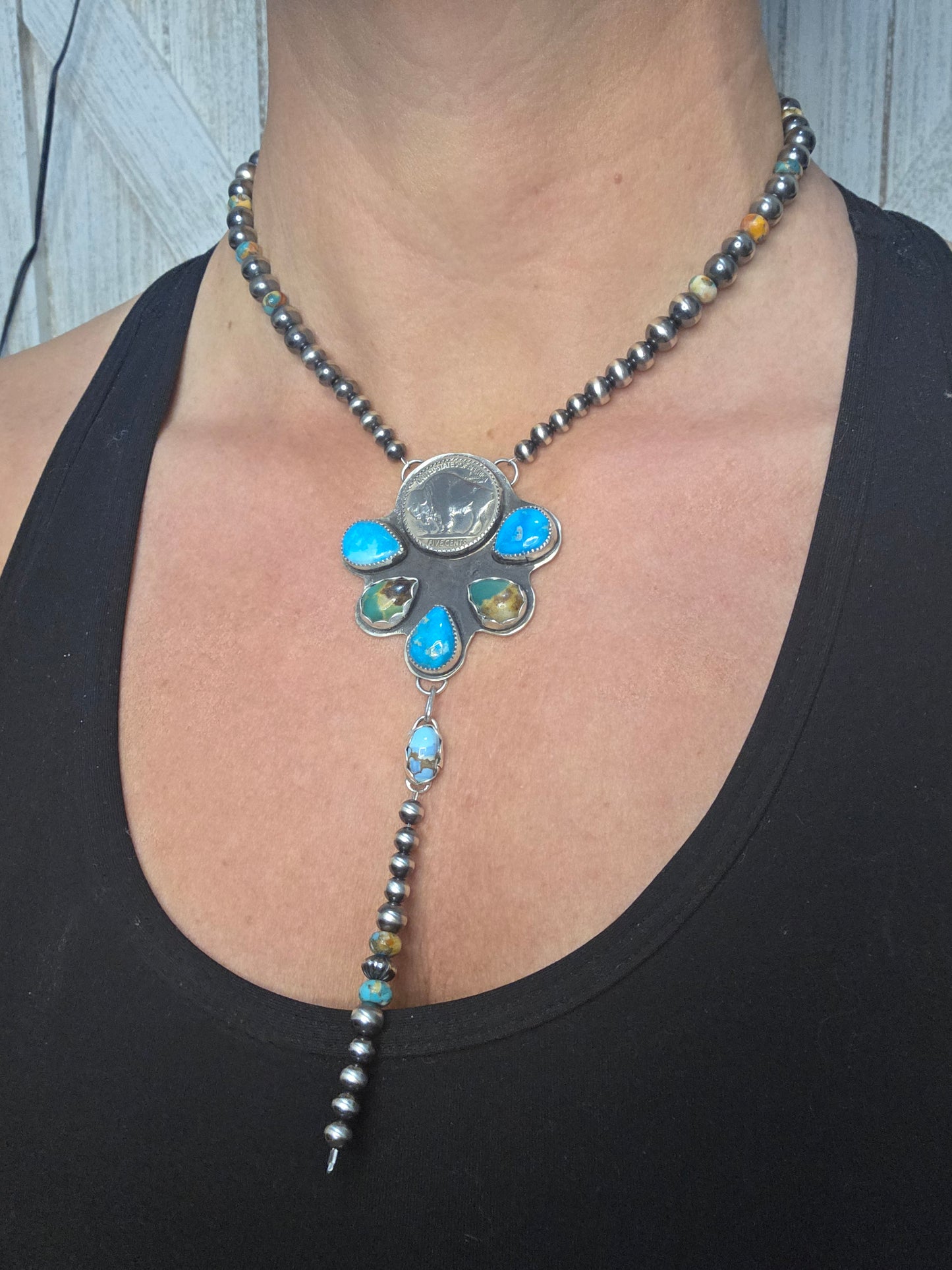 Buffalo Coin• Blue Bird Turquoise • Kingsmen Turquoise • Golden Hills Turquoise. Sterling Pearls & Spiny Oyster Kingsmen