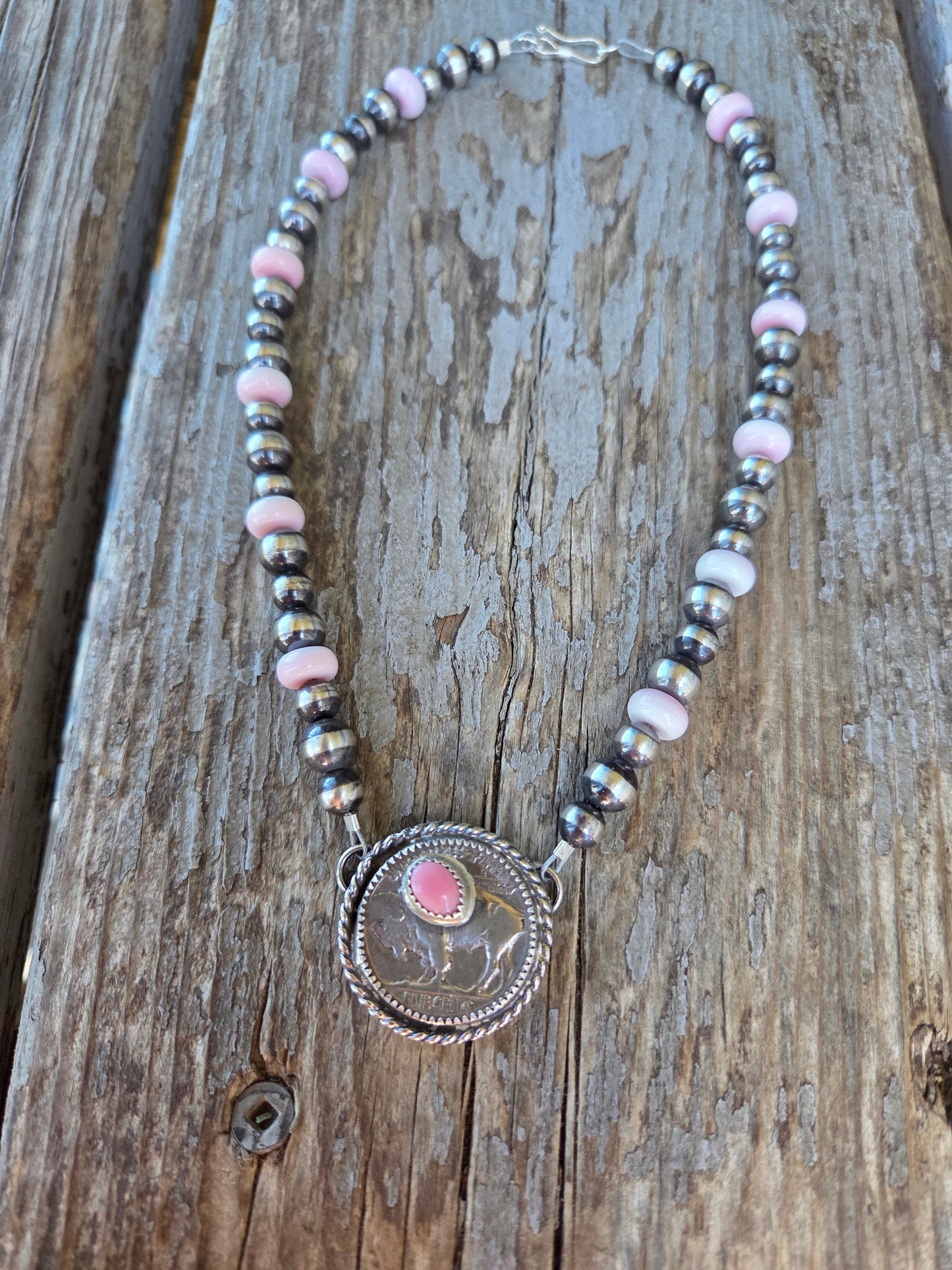 Buffalo Coin  & Pink Conch • Sterling Silver Pearls