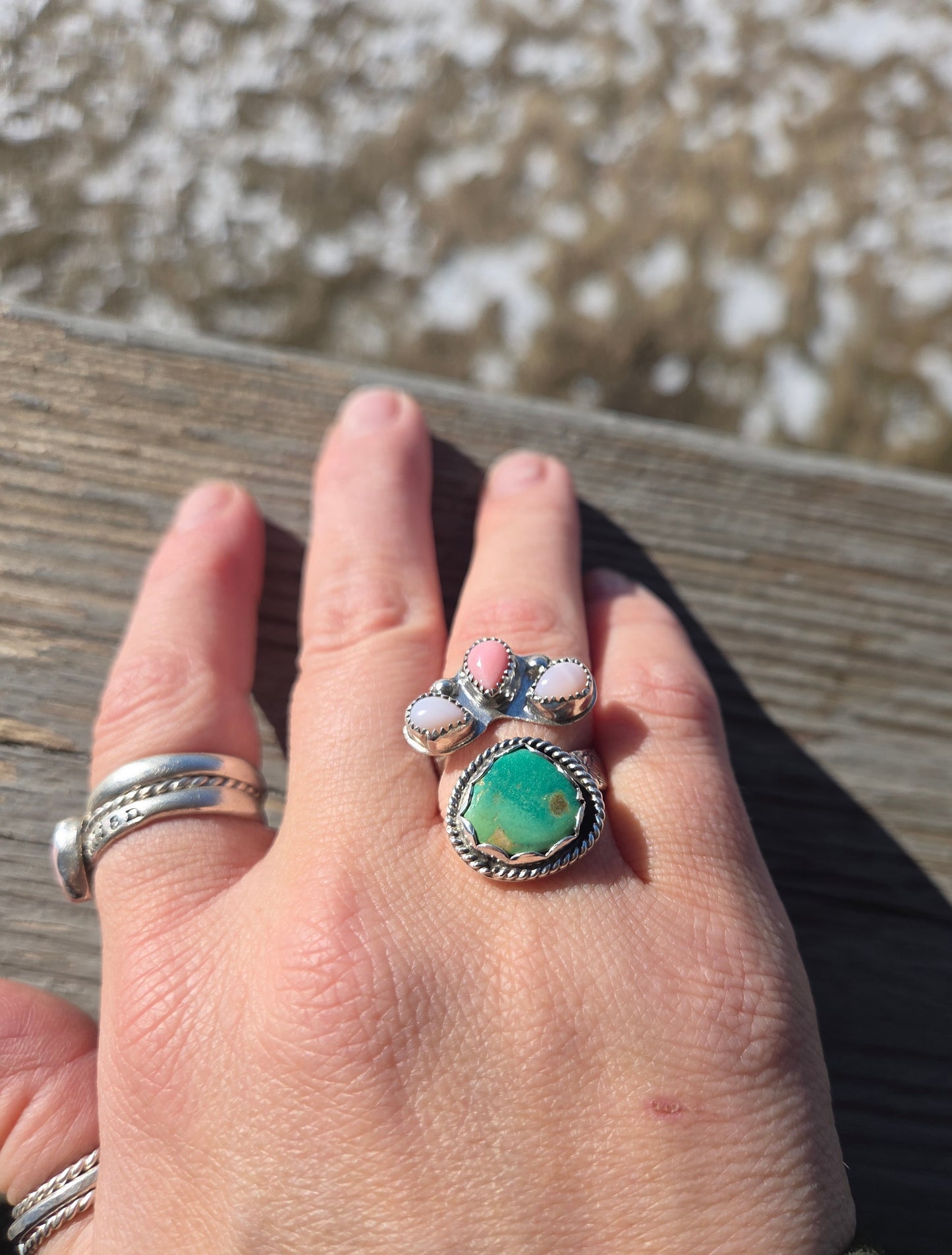 Pink Conch & Emerald Valley Turquoise Wrap ring