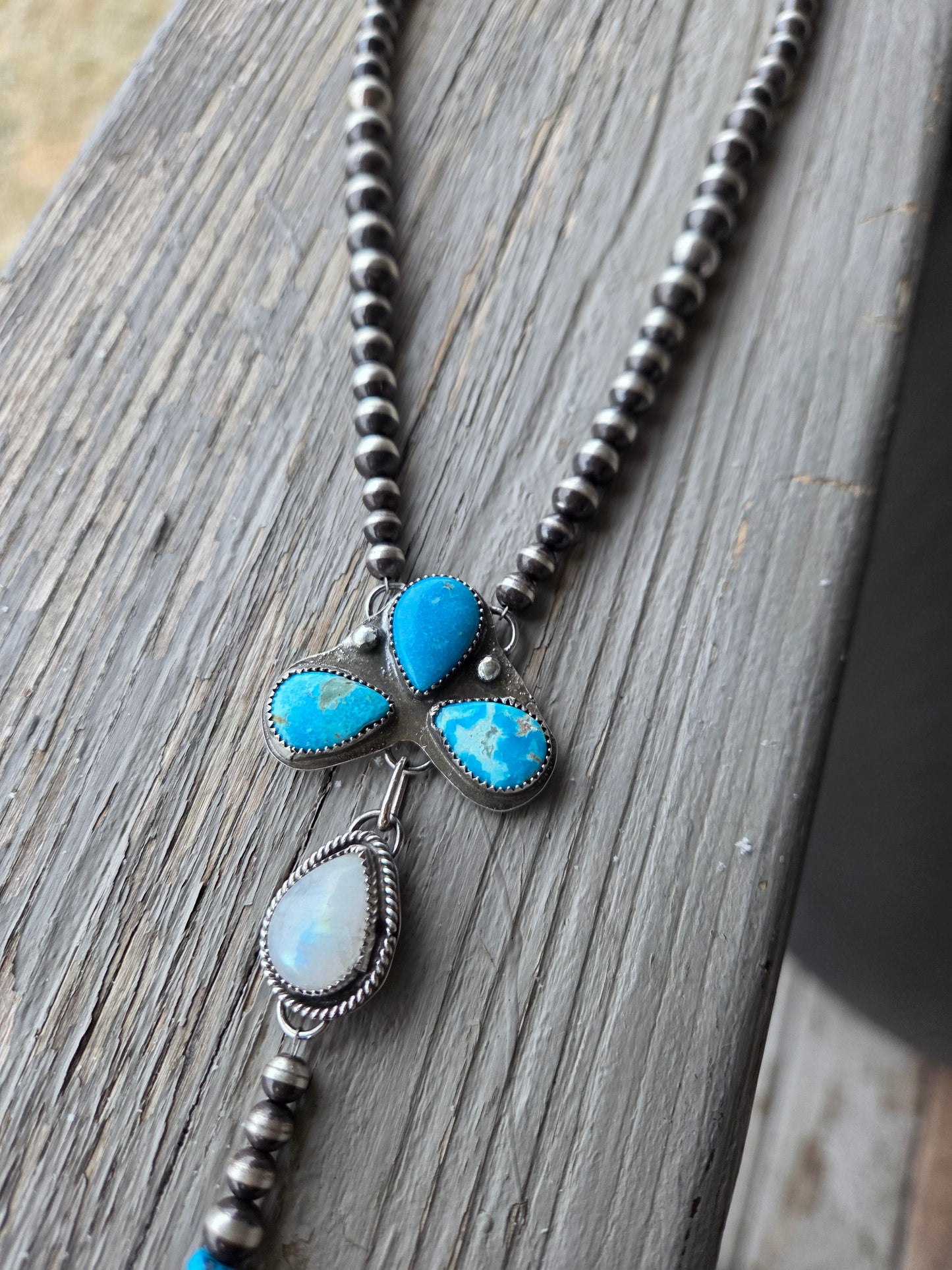 Blue Bird Turquoise & Moonstone Lariat & Sterling Silver Navajo Style Pearls 16 inches