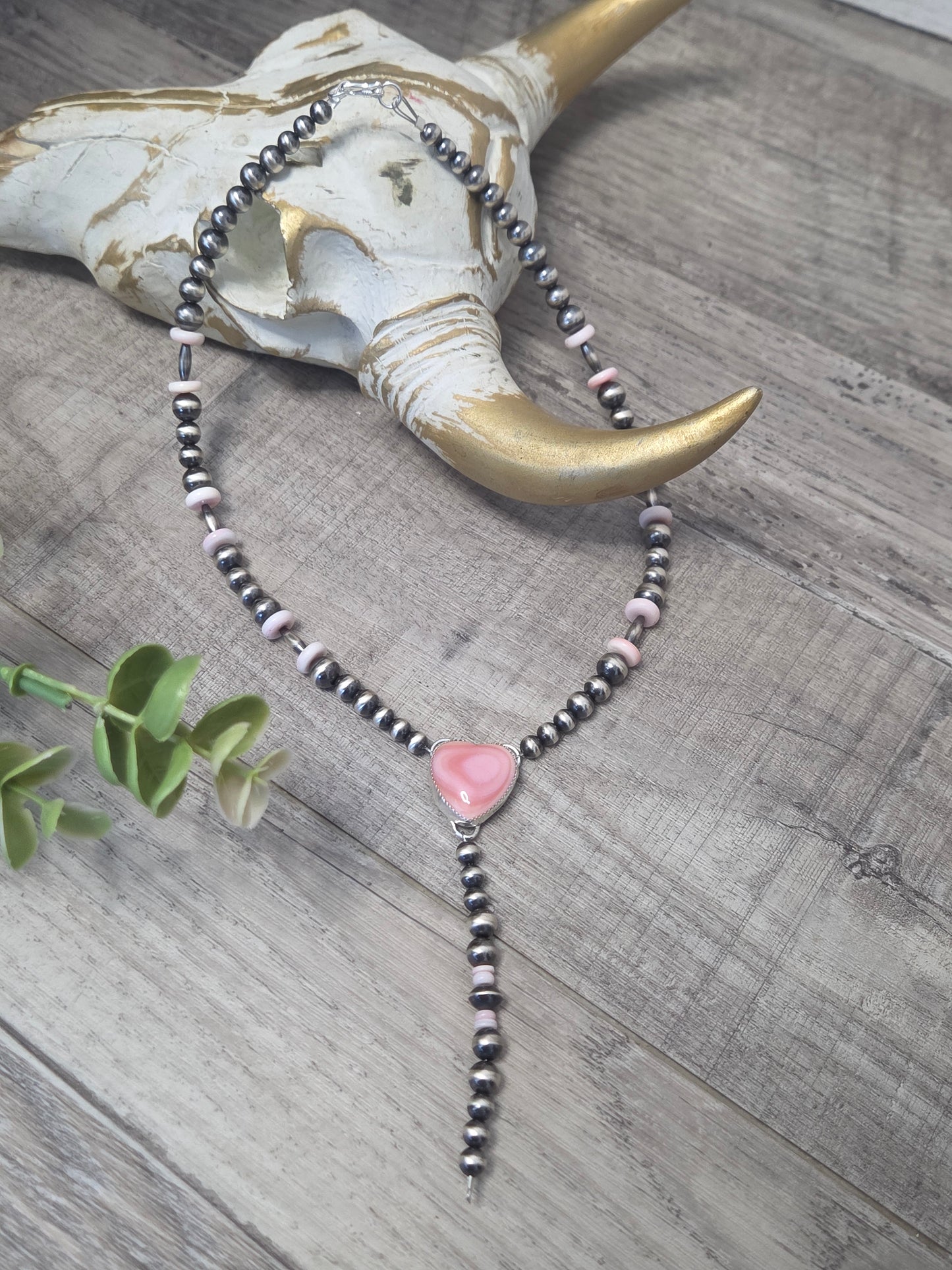 Pink Conch Lariat & Sterling Silver Navajo Style Pearls 16.5 inches