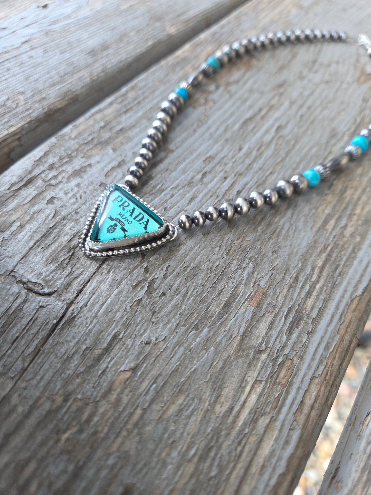 Prada glass Cab• Sterling Silver Pearls with Turquoise beads