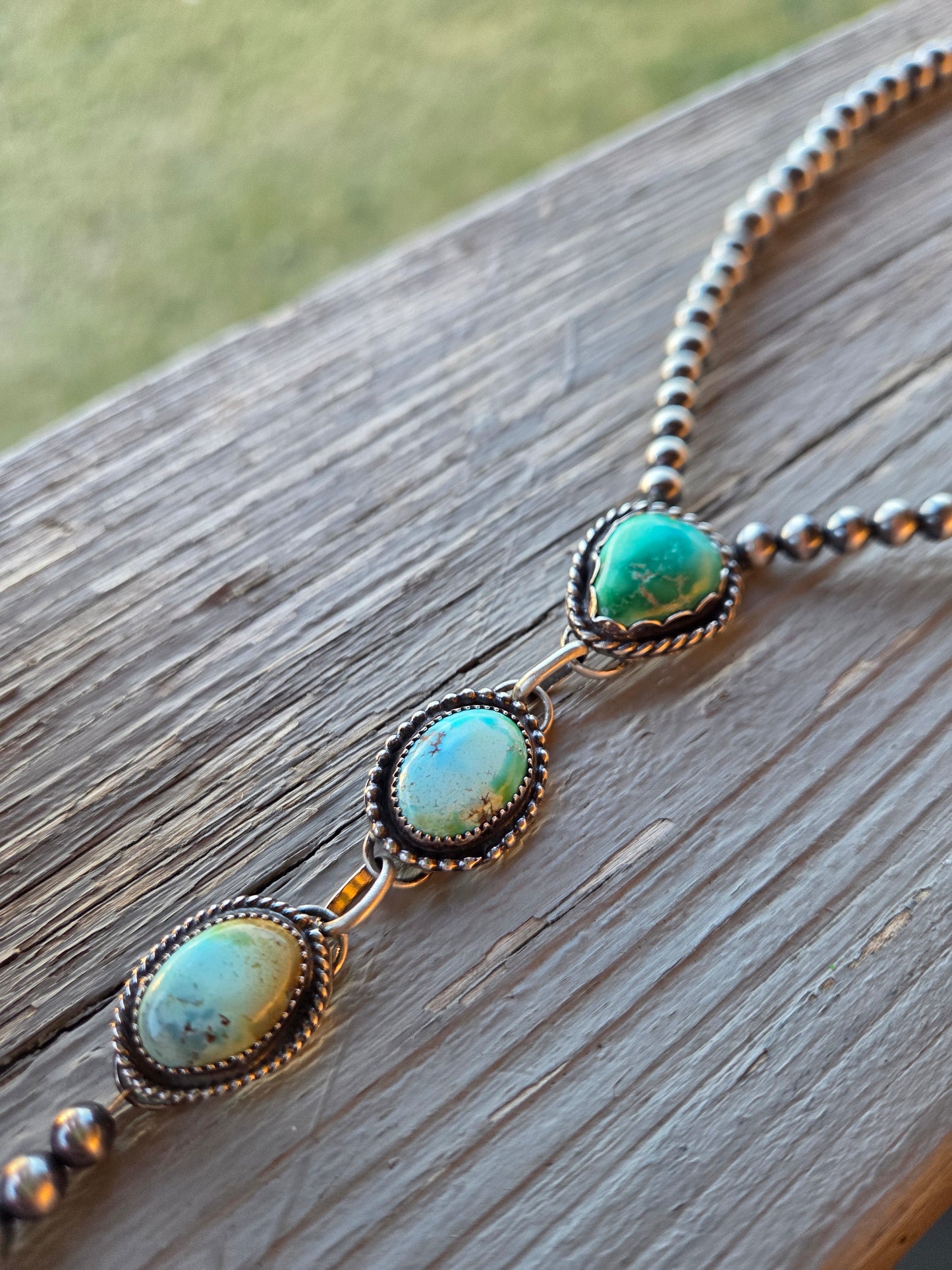 Emerald & Golden Hill Turquoise & Sterling Silver Navajo Style Pearl • 15.5 inches with 5.5 inch drop