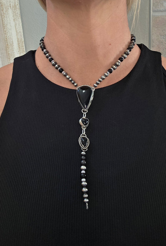 Black Onyx & Sterling Silver Navajo Style Pearls & Pink Conch