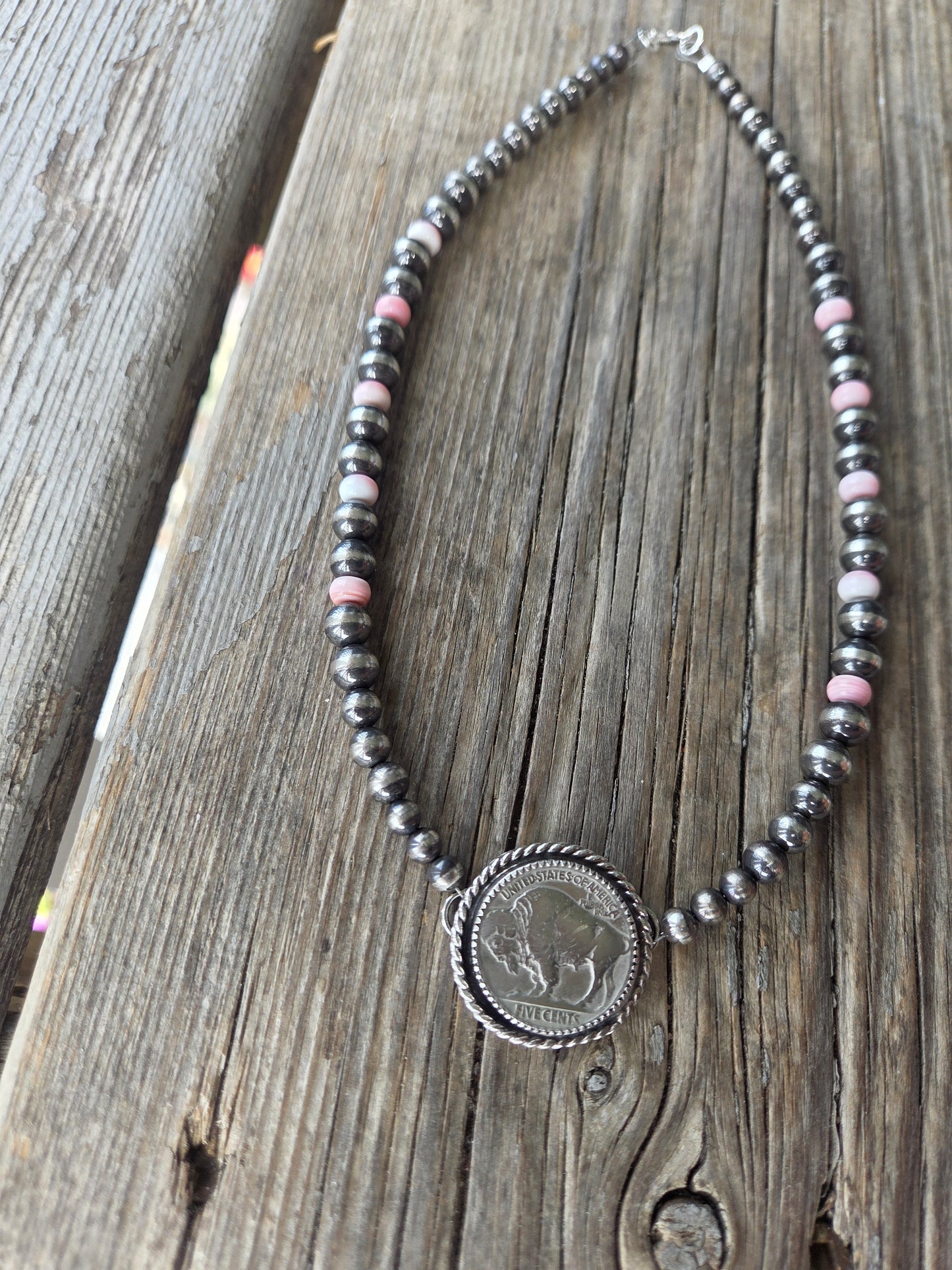 Buffalo Coin  & Pink Conch • Sterling Silver Pearls