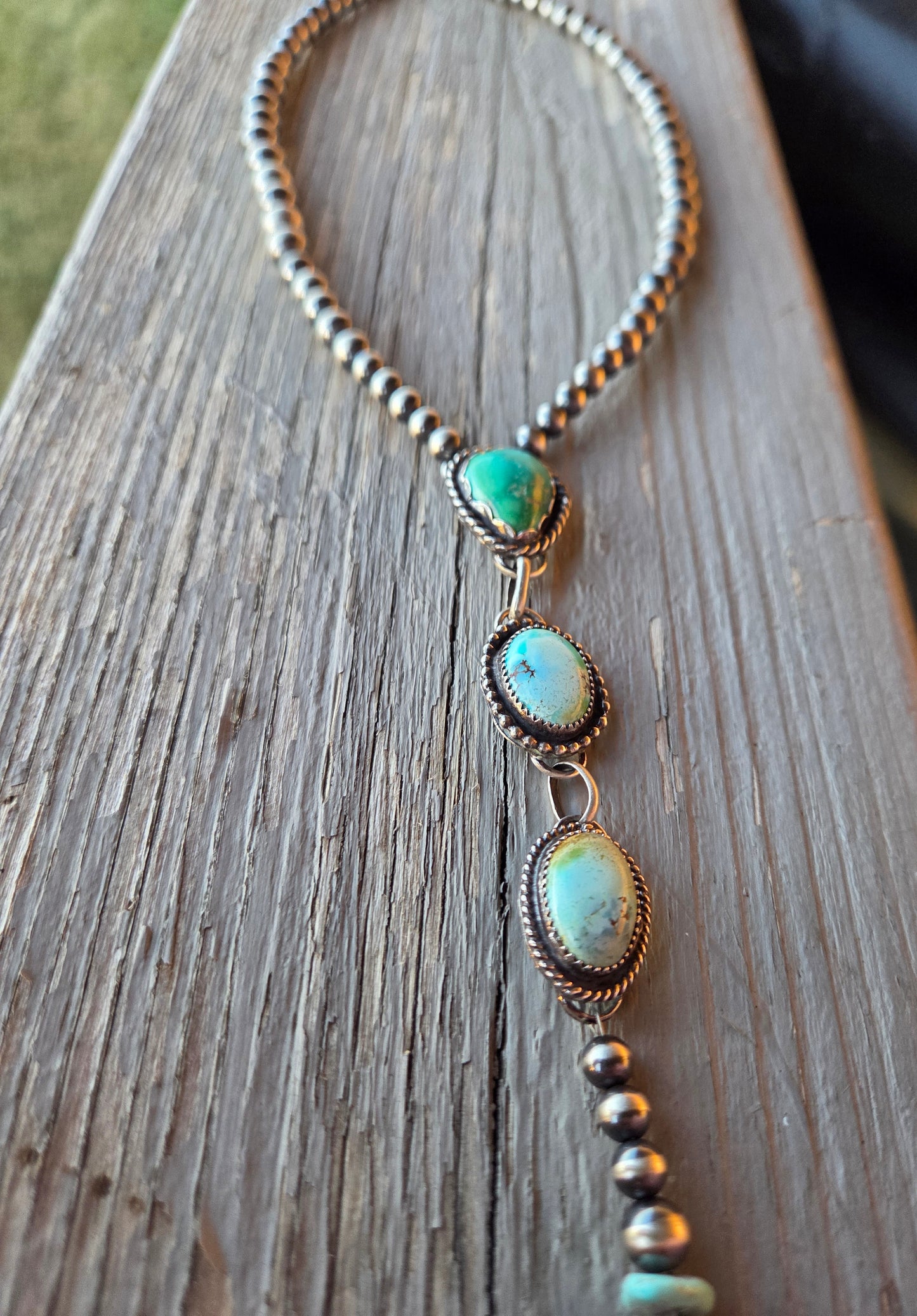 Emerald & Golden Hill Turquoise & Sterling Silver Navajo Style Pearl • 15.5 inches with 5.5 inch drop