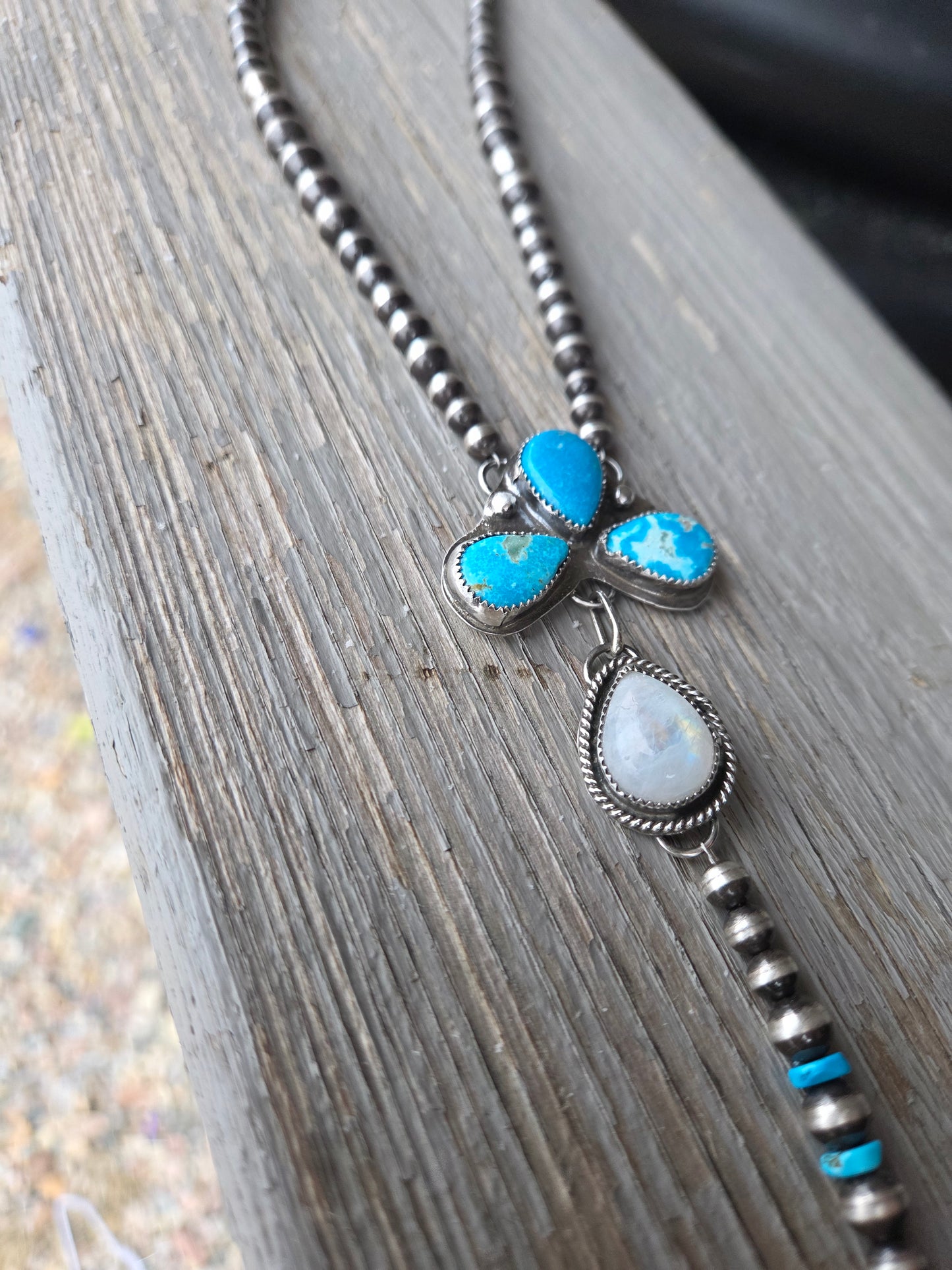 Blue Bird Turquoise & Moonstone Lariat & Sterling Silver Navajo Style Pearls 16 inches