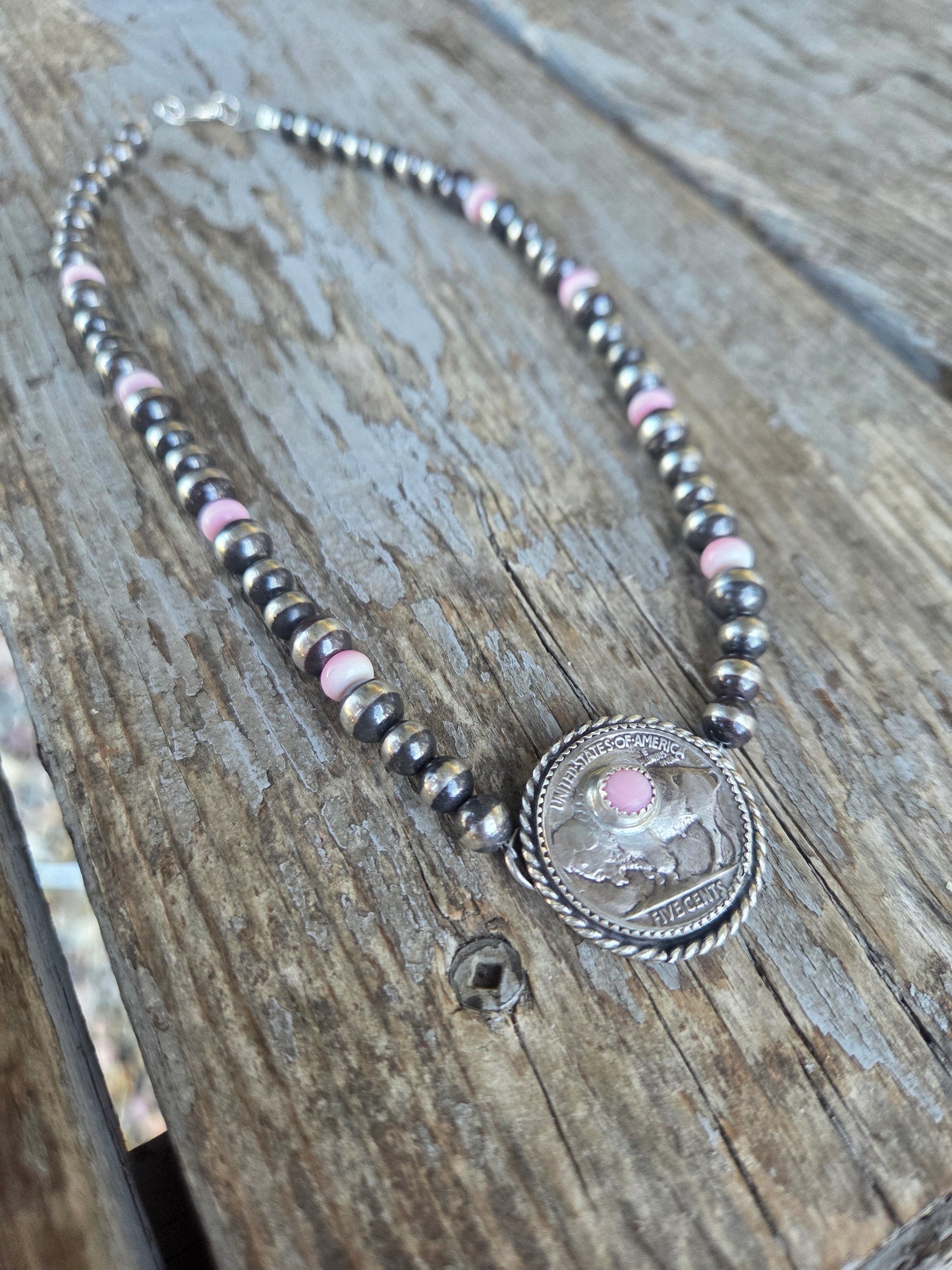 Buffalo Coin  & Pink Conch • Sterling Silver Pearls •
