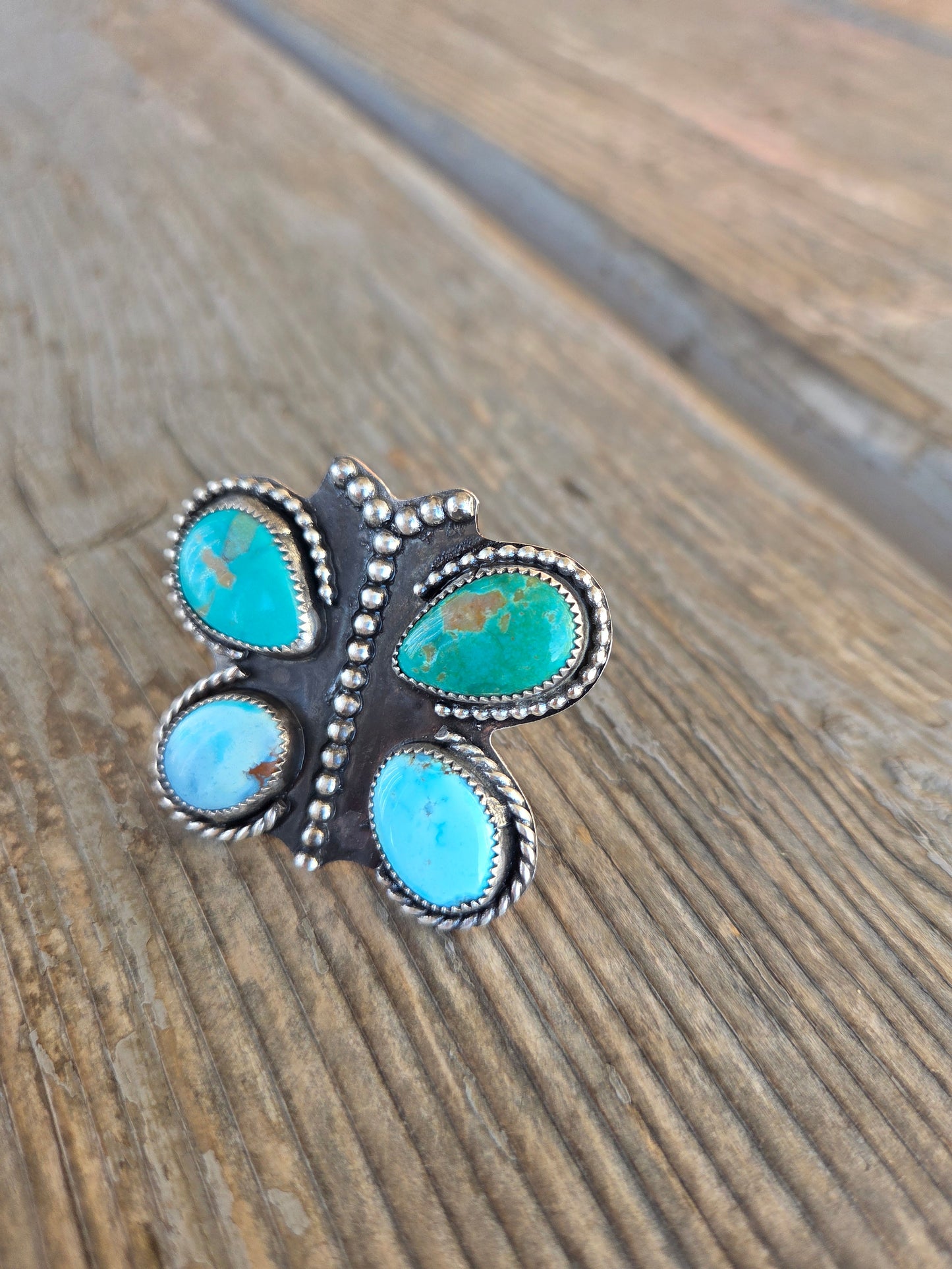 Butterfly Ring Chilean Turquoise & Golden Hill Turquoise Size 7