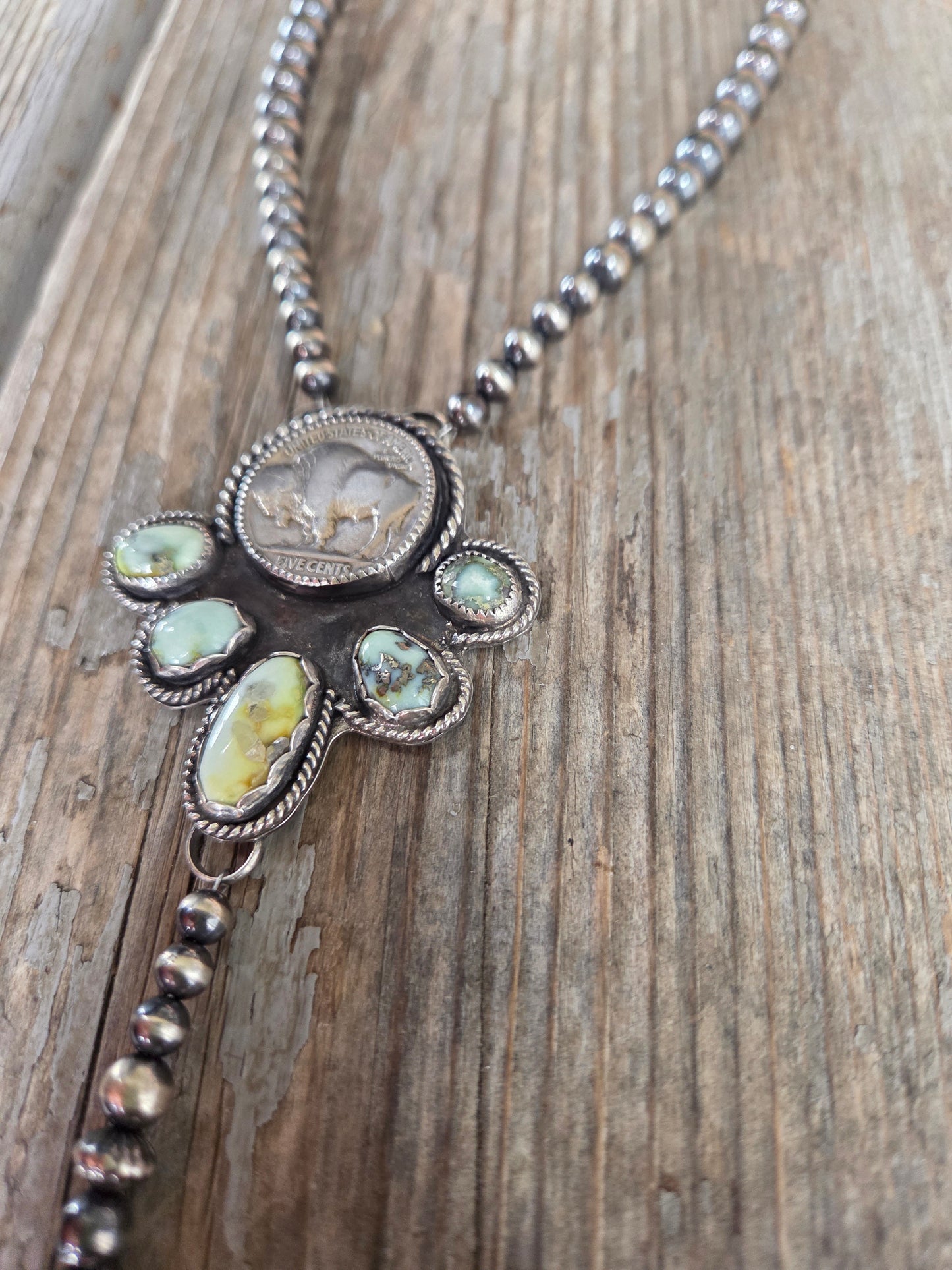 Buffalo Coin• Palomino & Sterling Silver Navajo Style Pearls. 16 inches