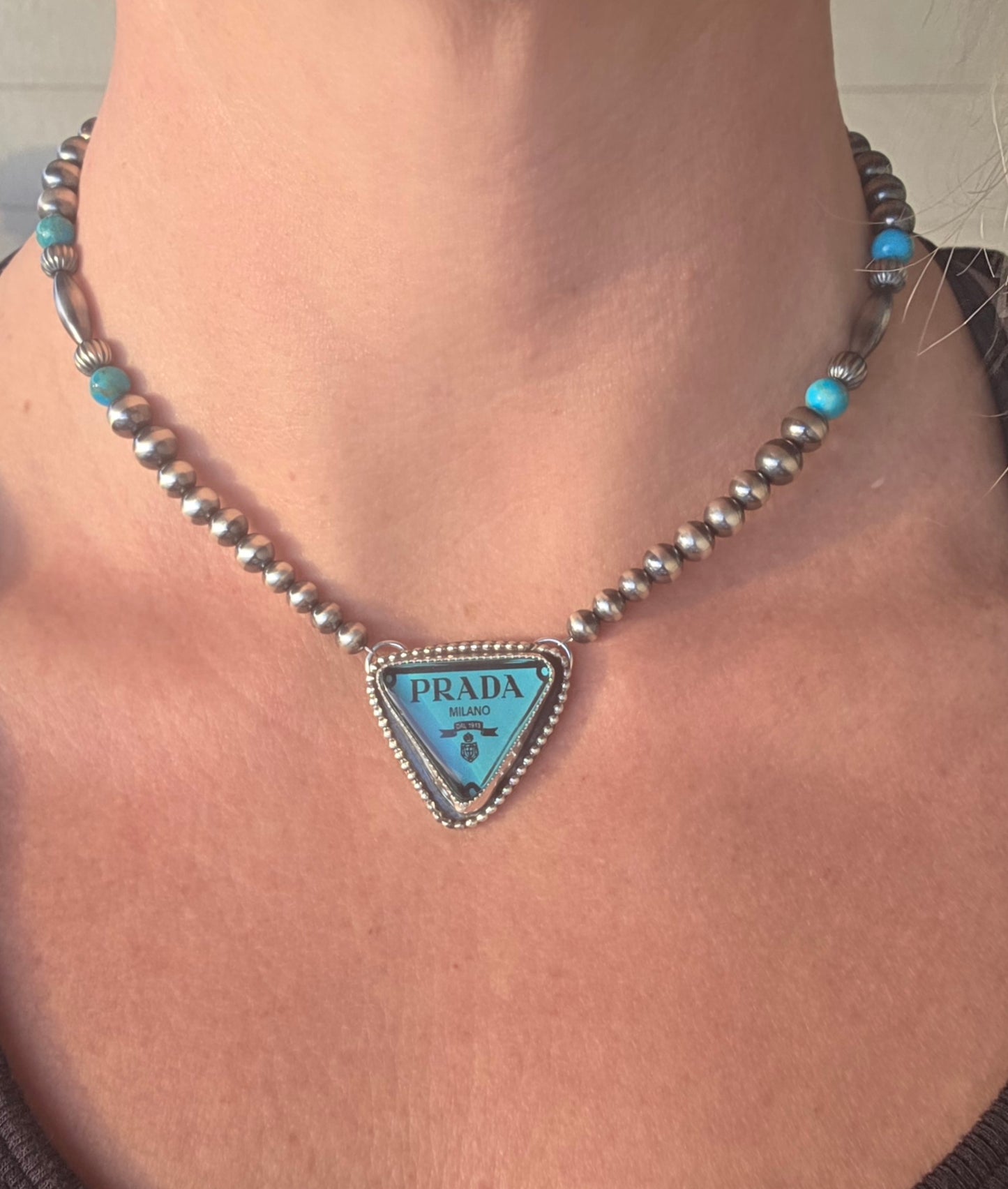 Prada glass Cab• Sterling Silver Pearls with Turquoise beads