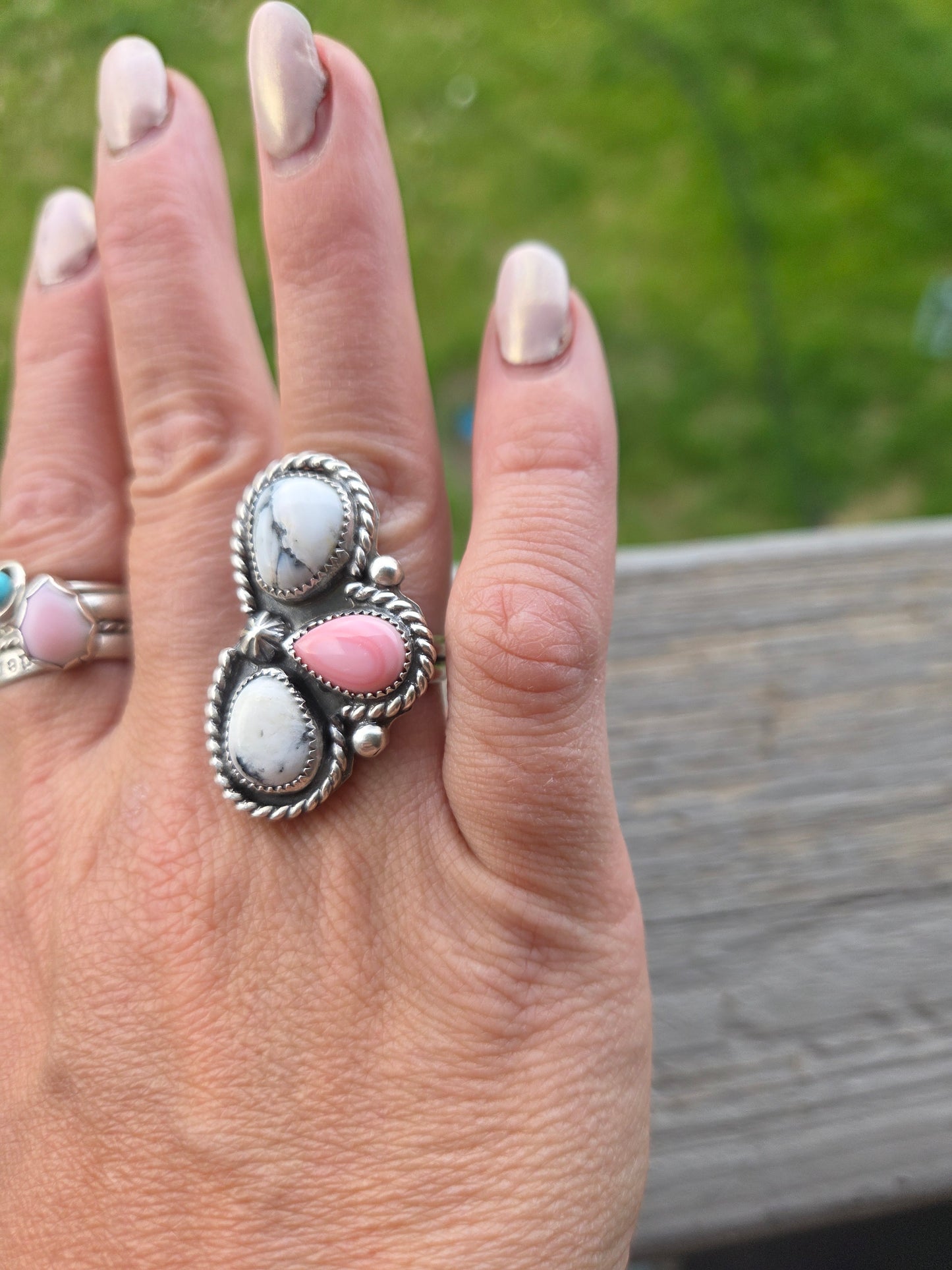 Pink Conch & White Buffalo Ring