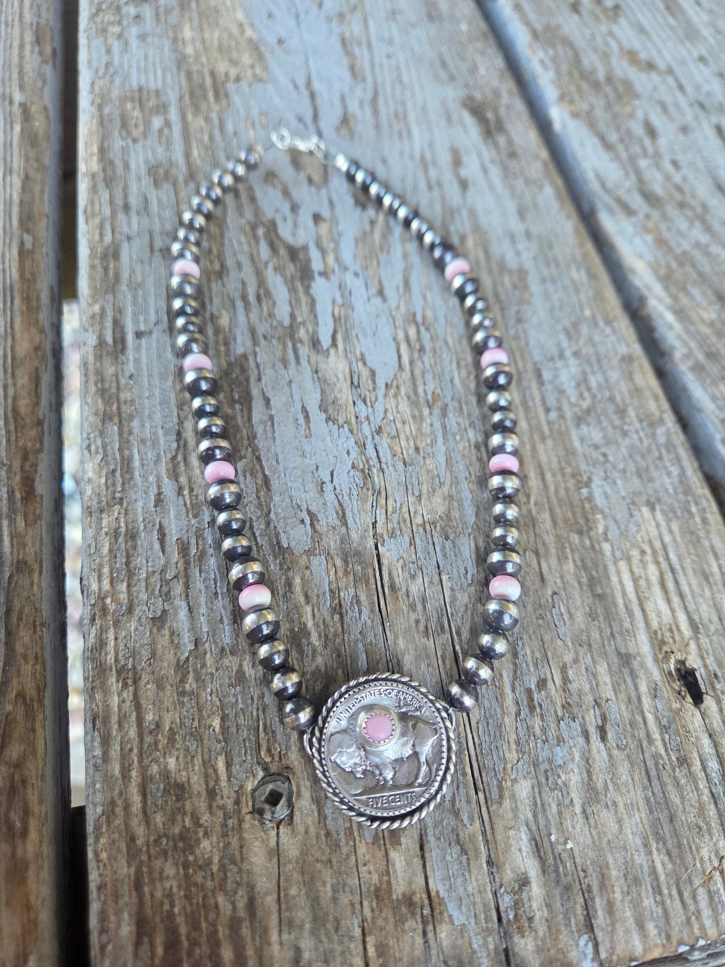 Buffalo Coin  & Pink Conch • Sterling Silver Pearls •