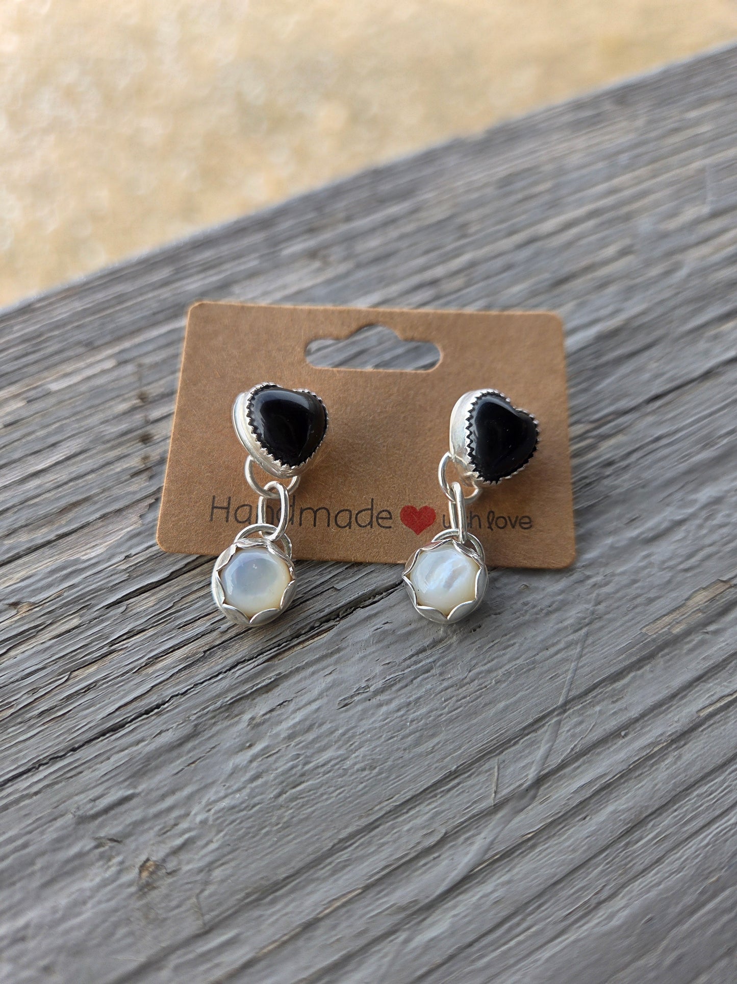 Black Onyx Heart & Mother of Pearl Earrings