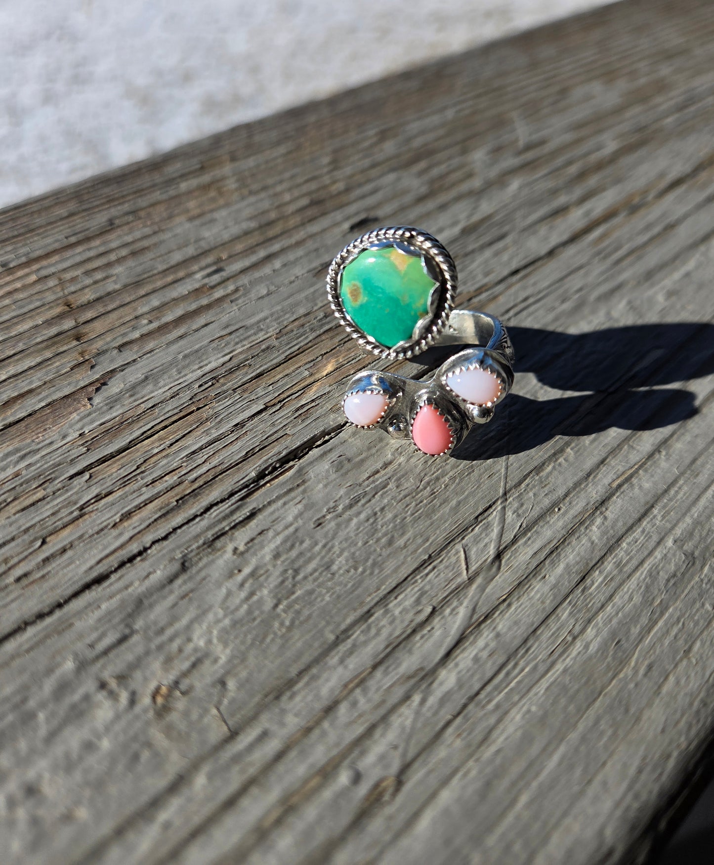 Pink Conch & Emerald Valley Turquoise Wrap ring