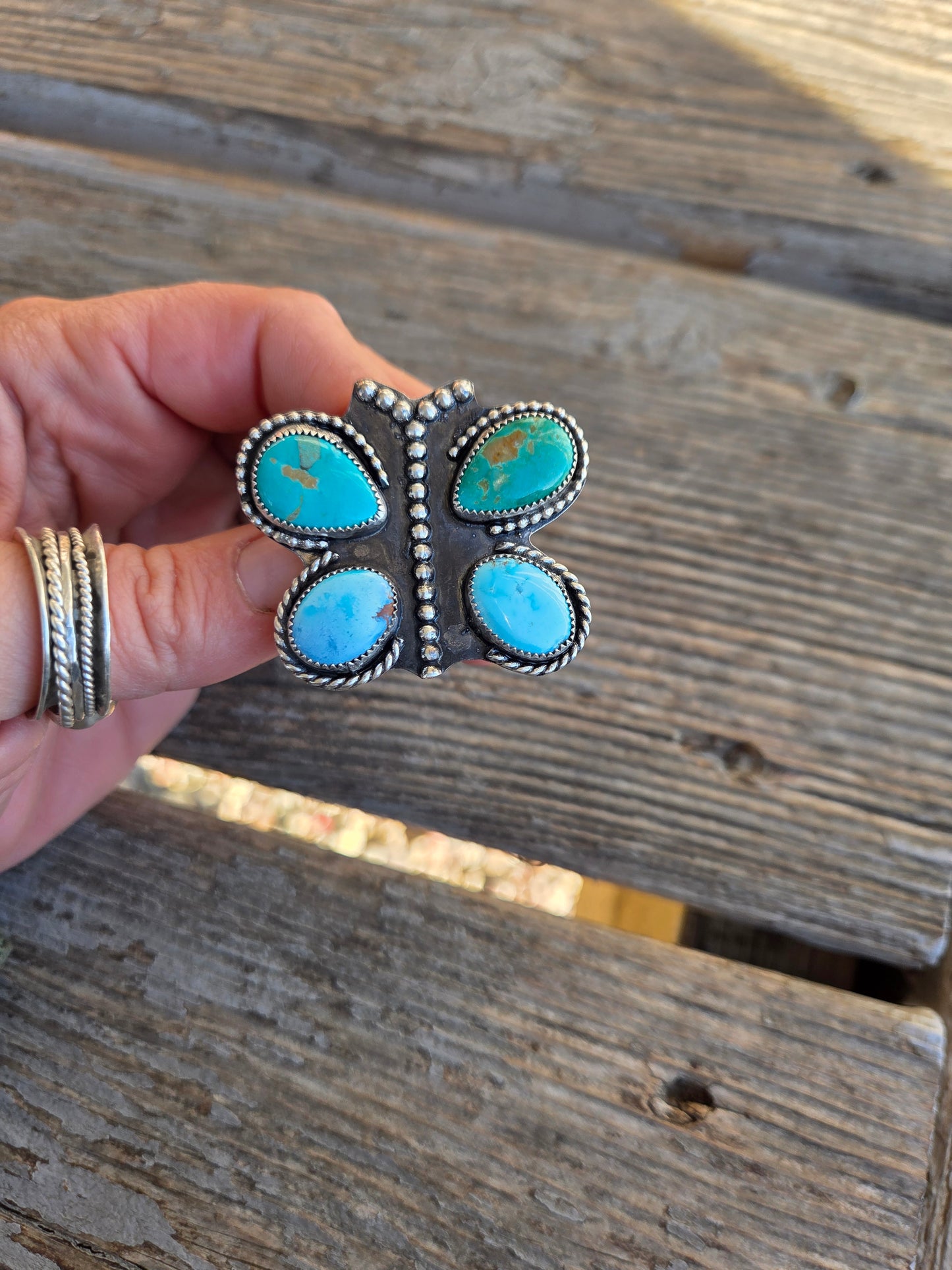 Butterfly Ring Chilean Turquoise & Golden Hill Turquoise Size 7