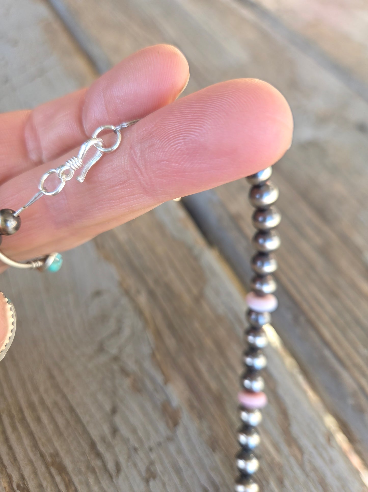 Pink & Sonoran Turquoise. Sterling and Pink Conch Stone beads.  17.5 inches