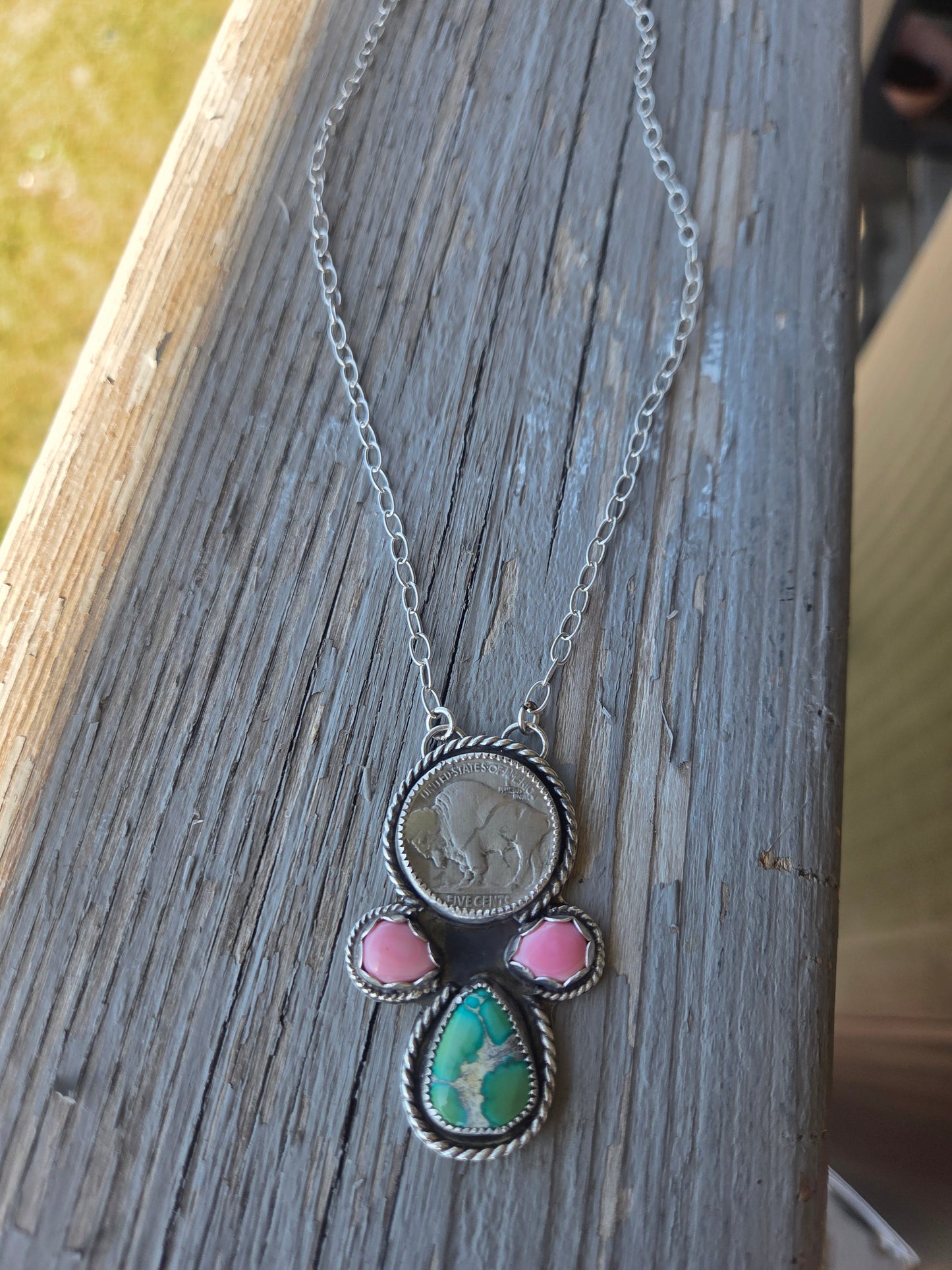 Buffalo Coin, Pink Conch, Emerald Valley Turquoise. 17 inch
