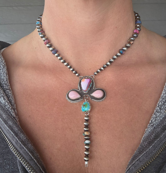 Pink Spiny• Pink Conch • Sonoran Mountain • Sterling Pearls• Purple & Orange Spiny beads.5 inches with 6 inch drop