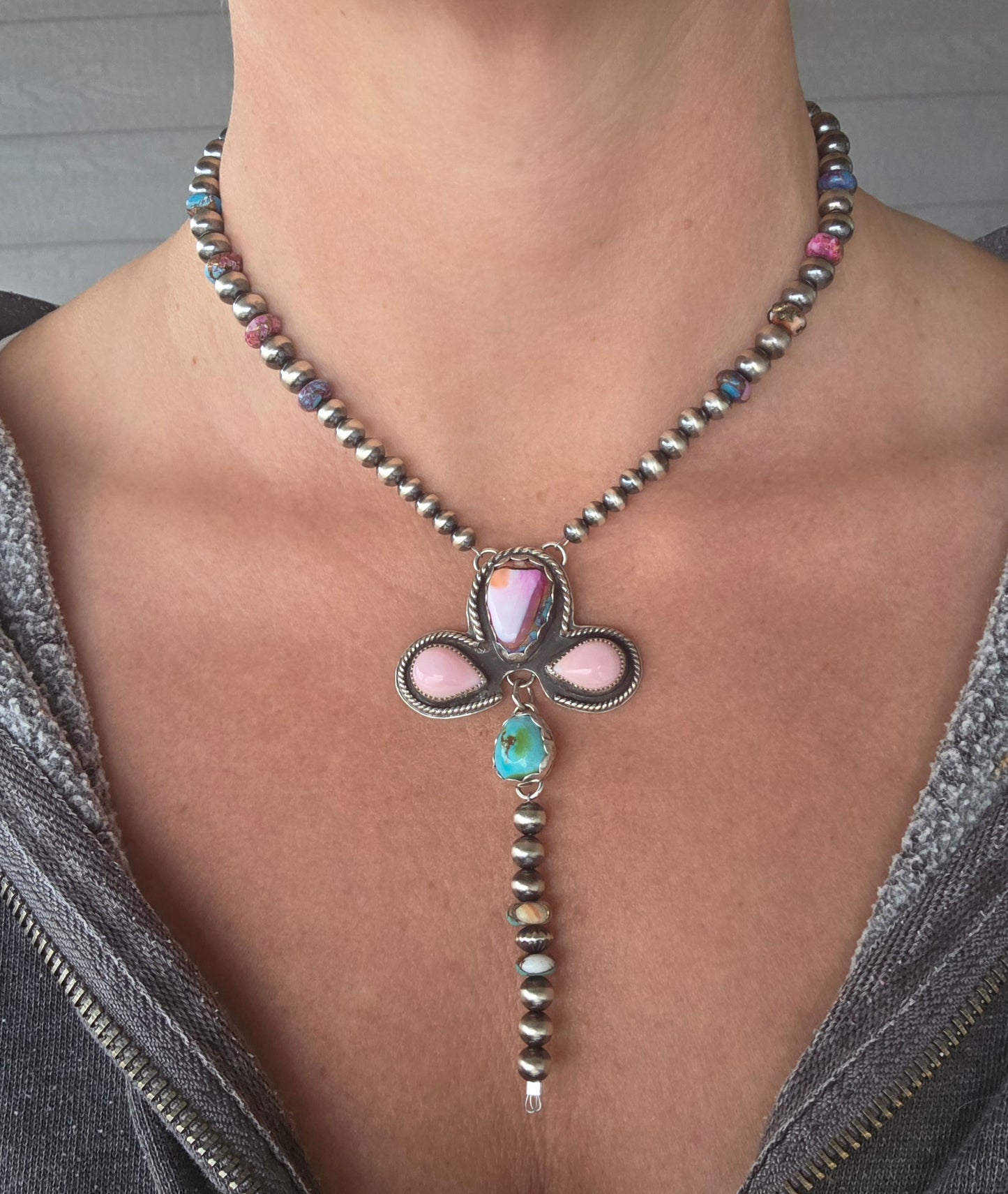 Pink Spiny• Pink Conch • Sonoran Mountain • Sterling Pearls• Purple & Orange Spiny beads.5 inches with 6 inch drop