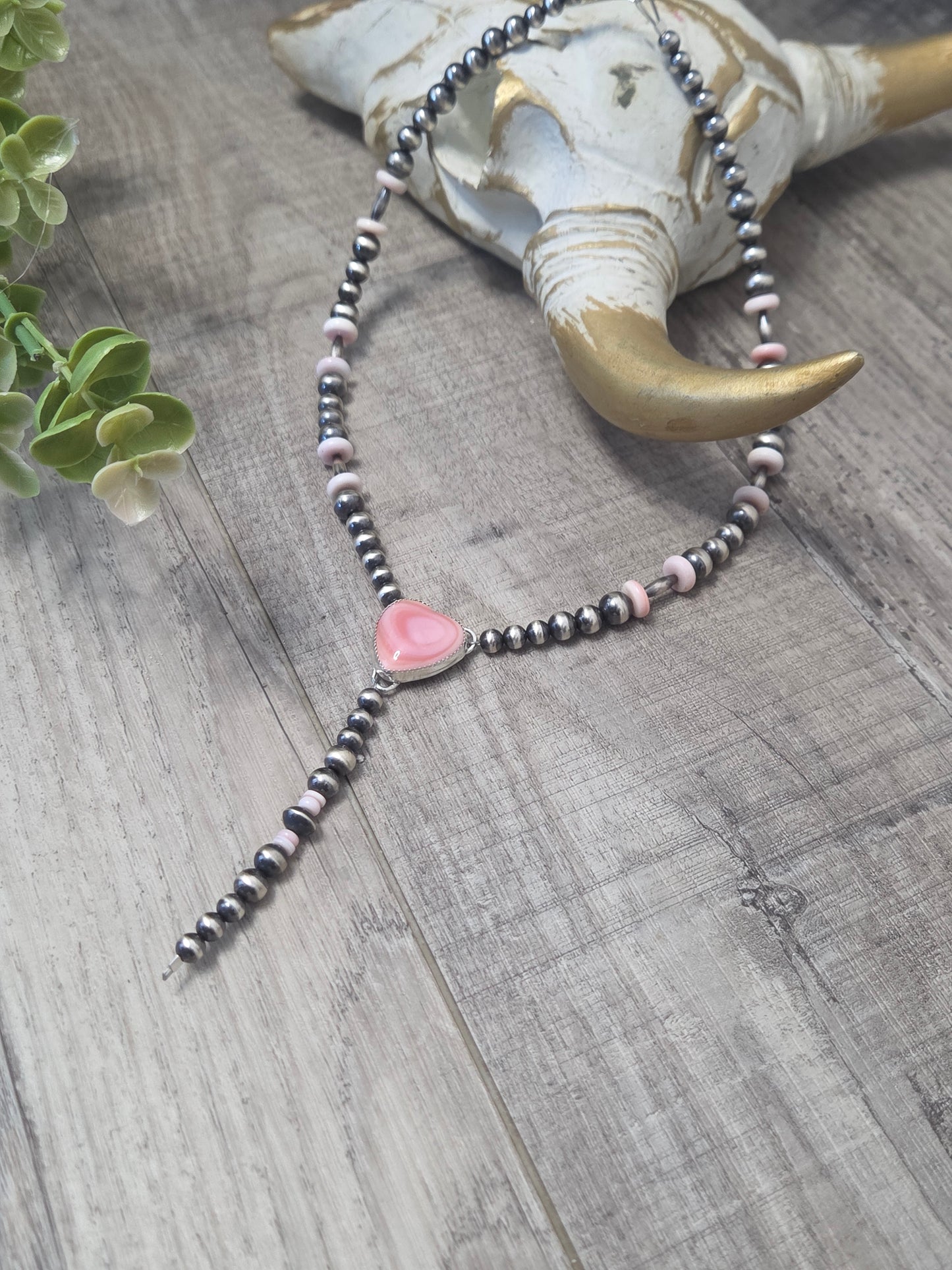 Pink Conch Lariat & Sterling Silver Navajo Style Pearls 16.5 inches