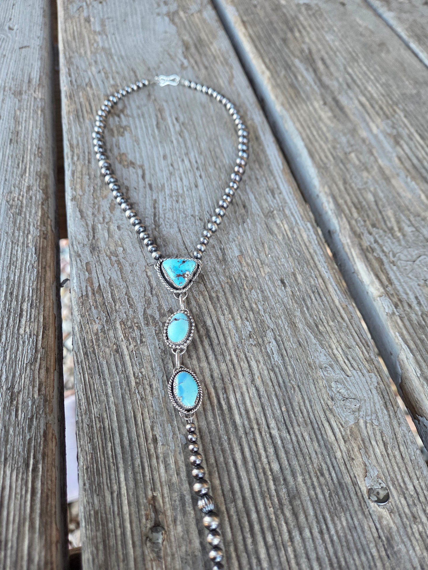 Lariet Golden Hill Turquoise & Sterling Silver Navajo Style Pearl • 16 inches with 6 inch drop