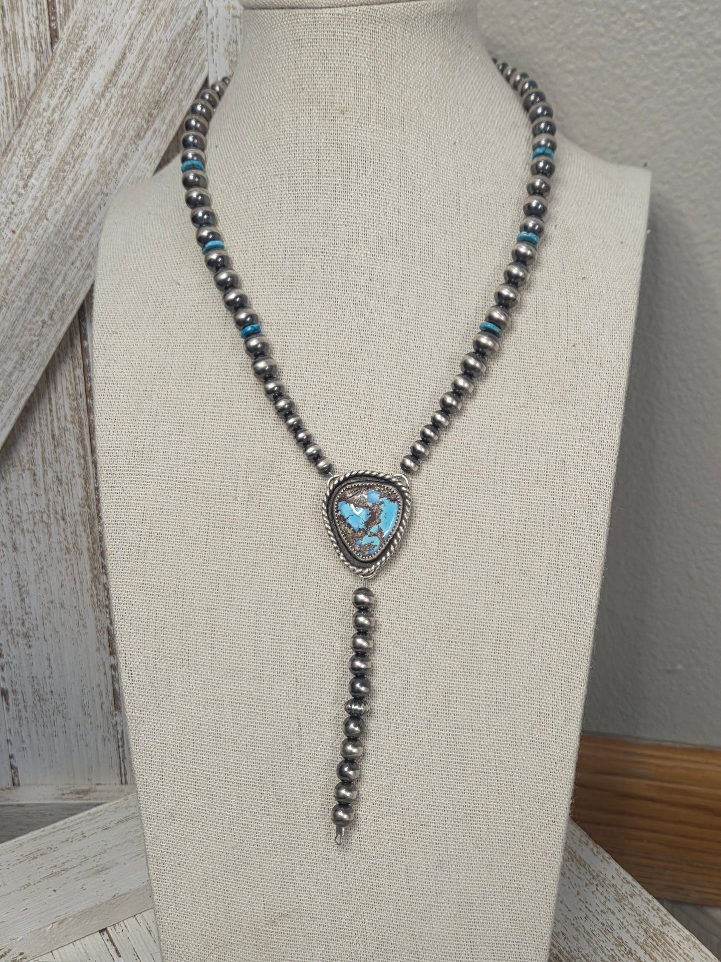 Golden Hill Turquoise Lariat & Sterling Silver Navajo Style Pearls & Turquoise 16 inches