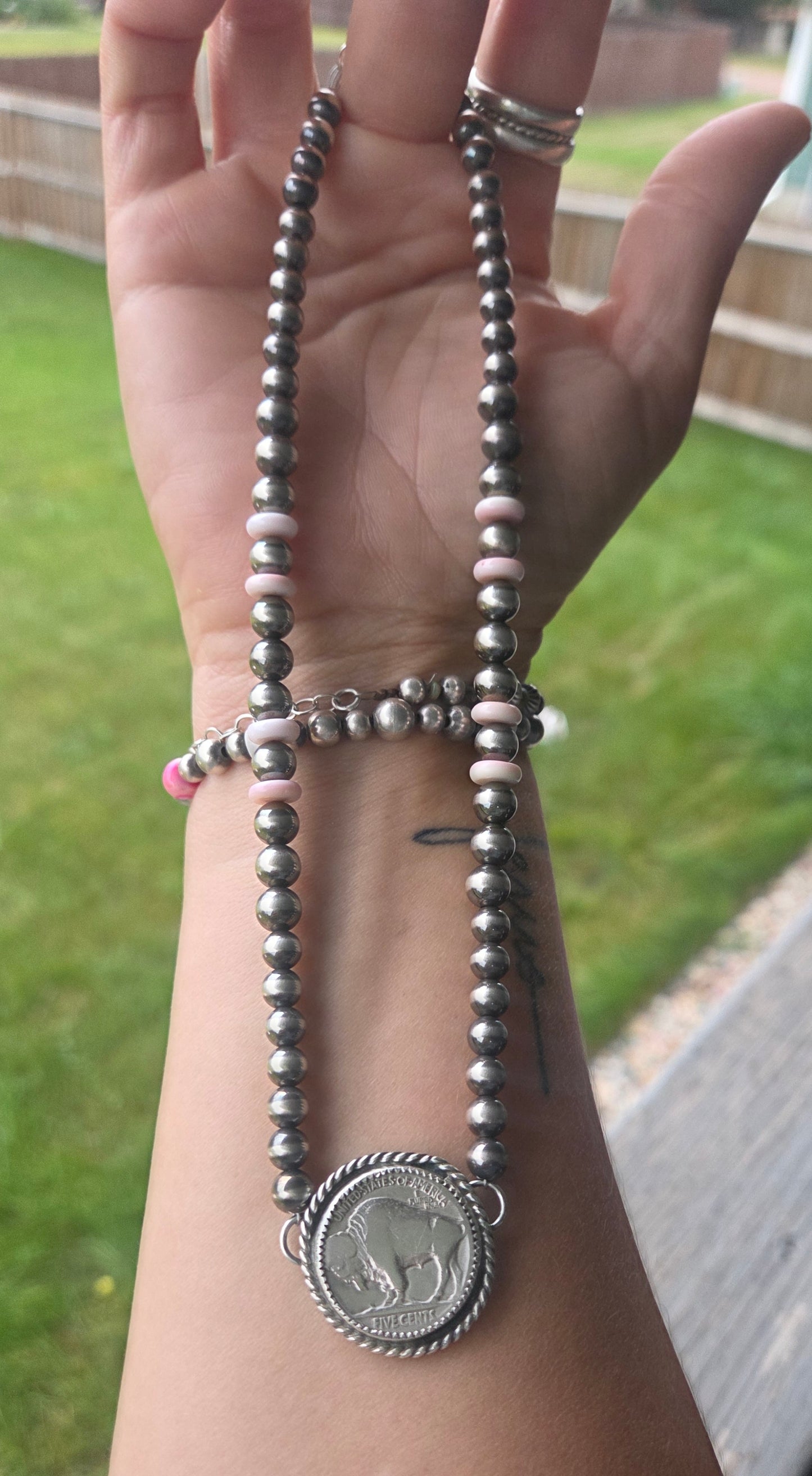 Buffalo Coin • Pink Conch • Sterling Silver Navajo Style Pearl