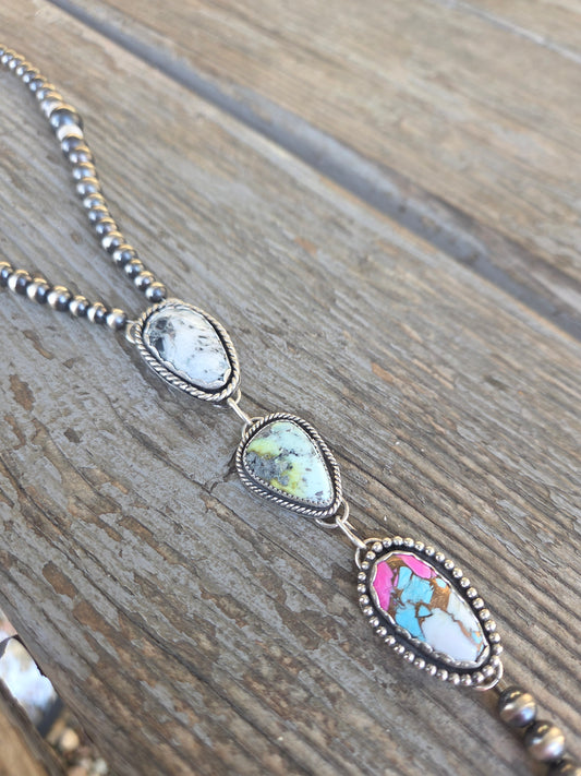 Lariat White Buffalo, Palomino, CottonCandy & Sterling Silver Navajo Style Pearl • 16 inches with 6 inch drop