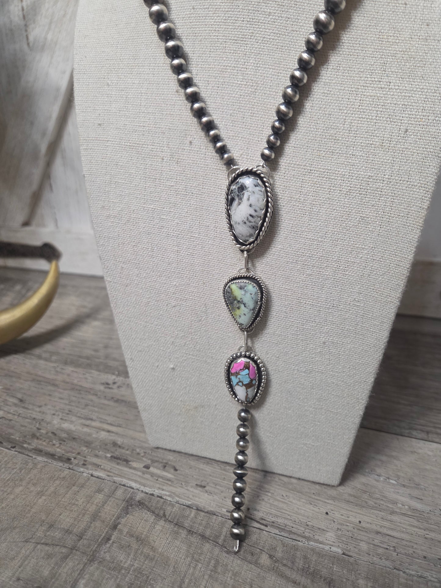 Lariat White Buffalo, Palomino, CottonCandy & Sterling Silver Navajo Style Pearl • 16 inches with 6 inch drop