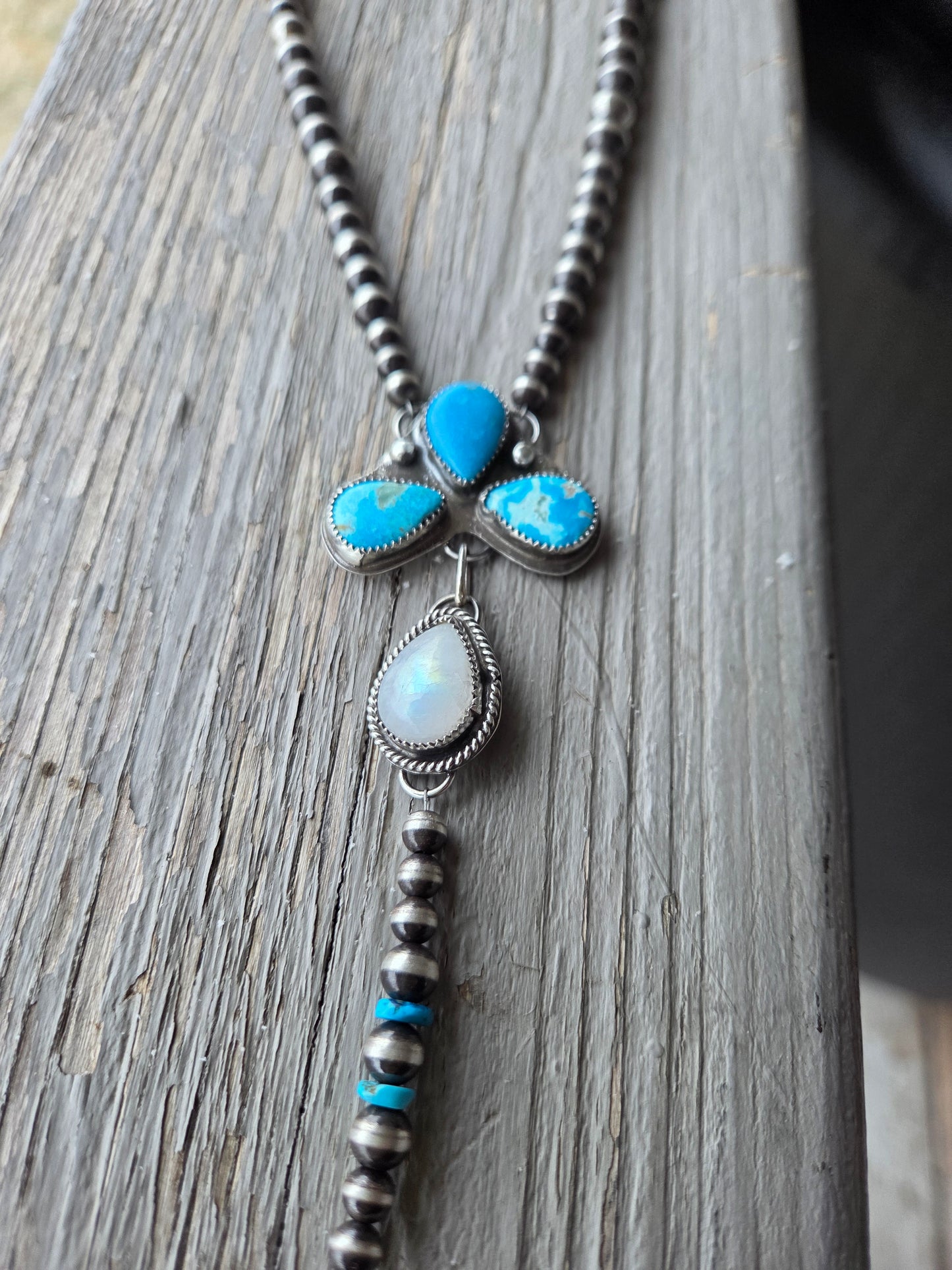 Blue Bird Turquoise & Moonstone Lariat & Sterling Silver Navajo Style Pearls 16 inches