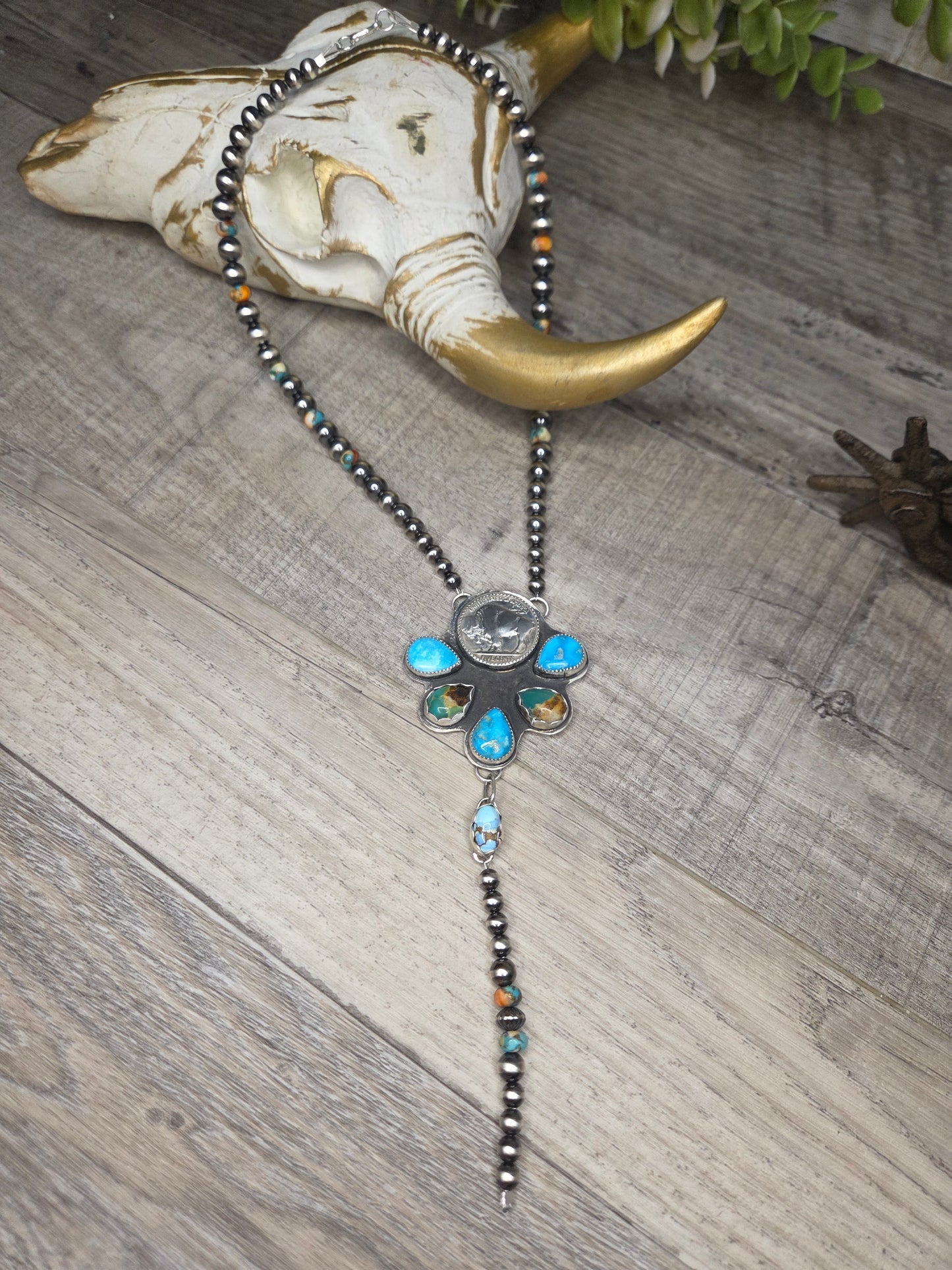 Buffalo Coin• Blue Bird Turquoise • Kingsmen Turquoise • Golden Hills Turquoise. Sterling Pearls & Spiny Oyster Kingsmen