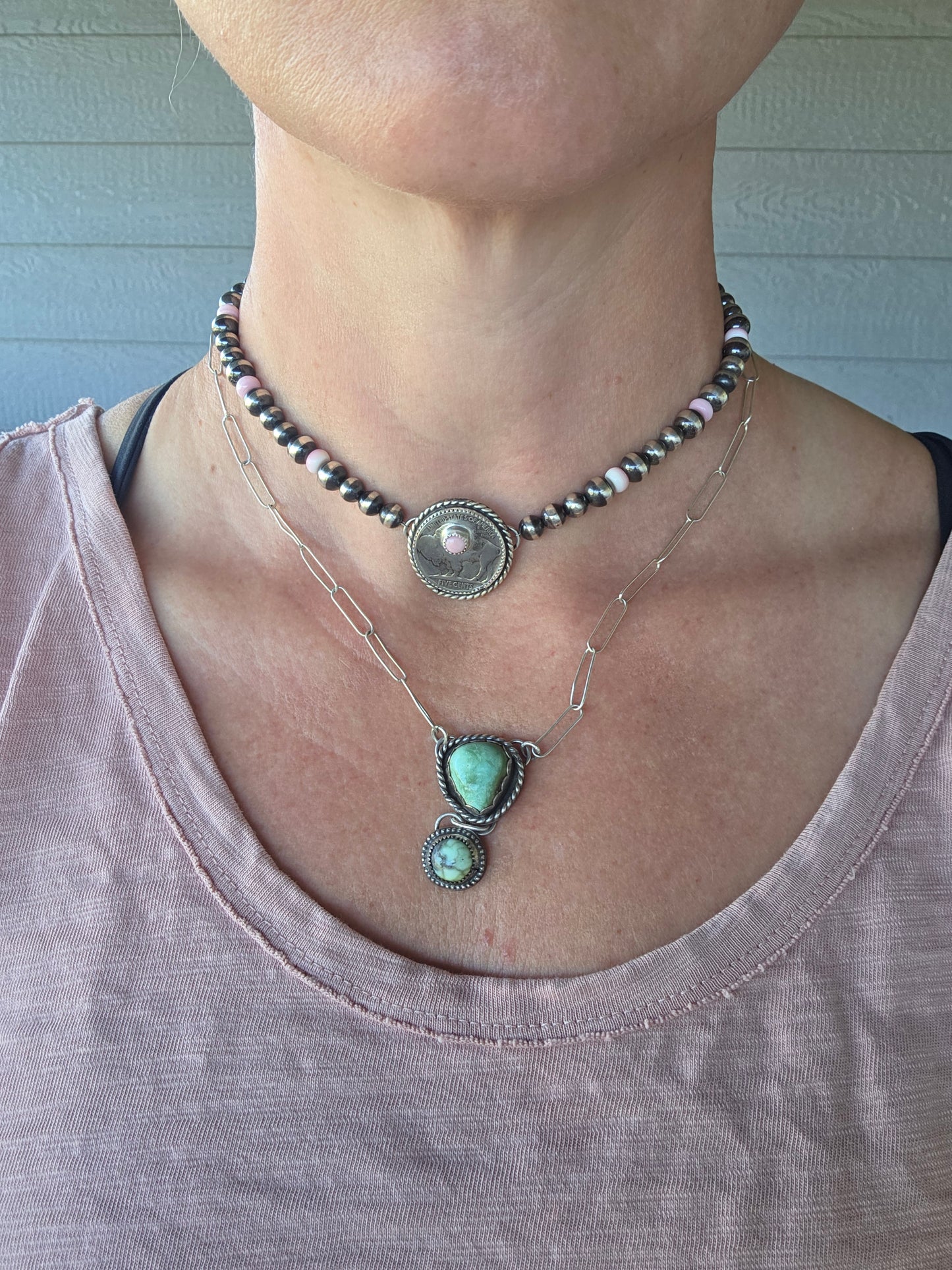 Buffalo Coin  & Pink Conch • Sterling Silver Pearls •