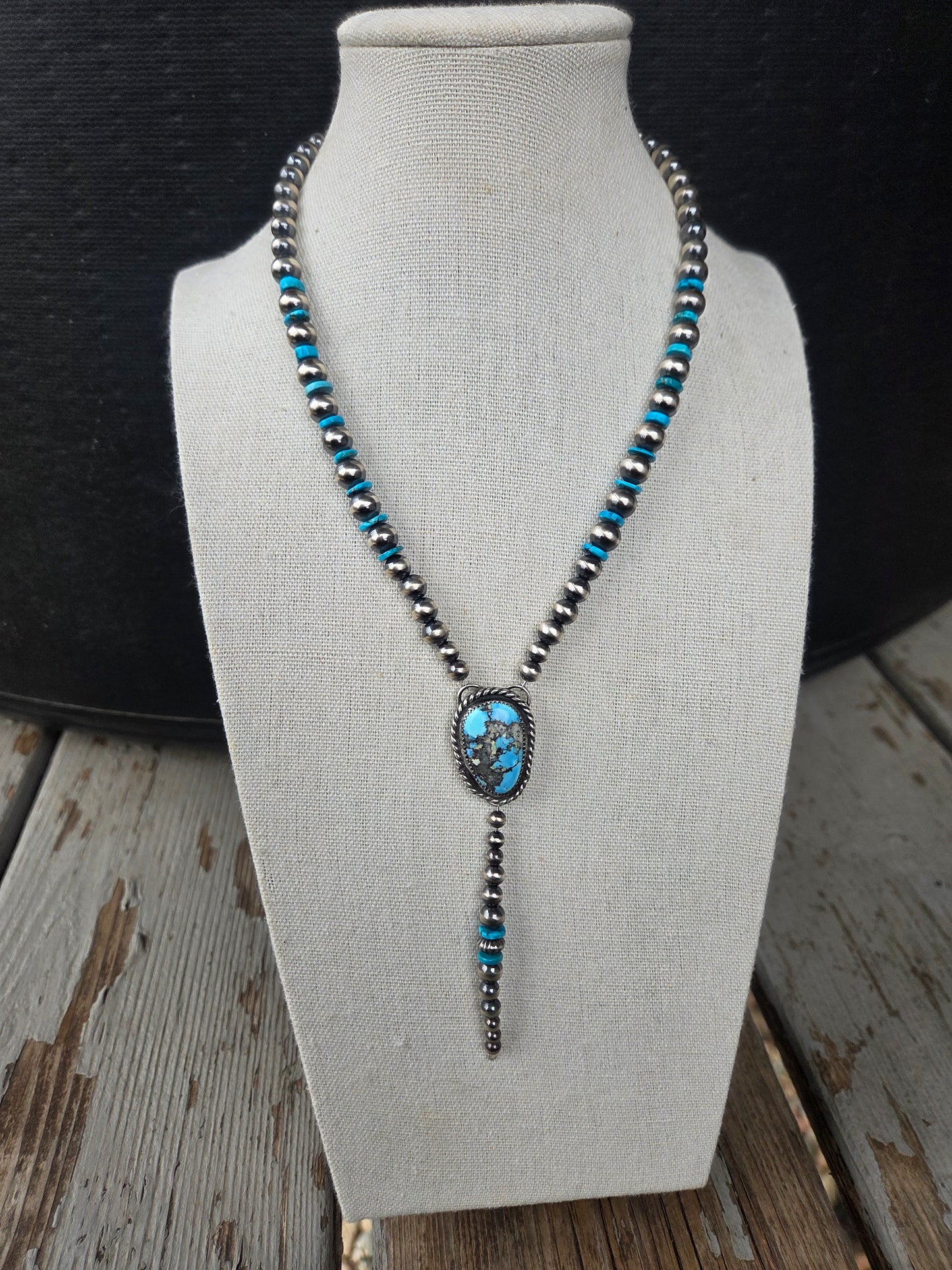 Golden Hill Turquoise Lariat & Sterling Silver Navajo Style Pearls & Turquoise 16 inches