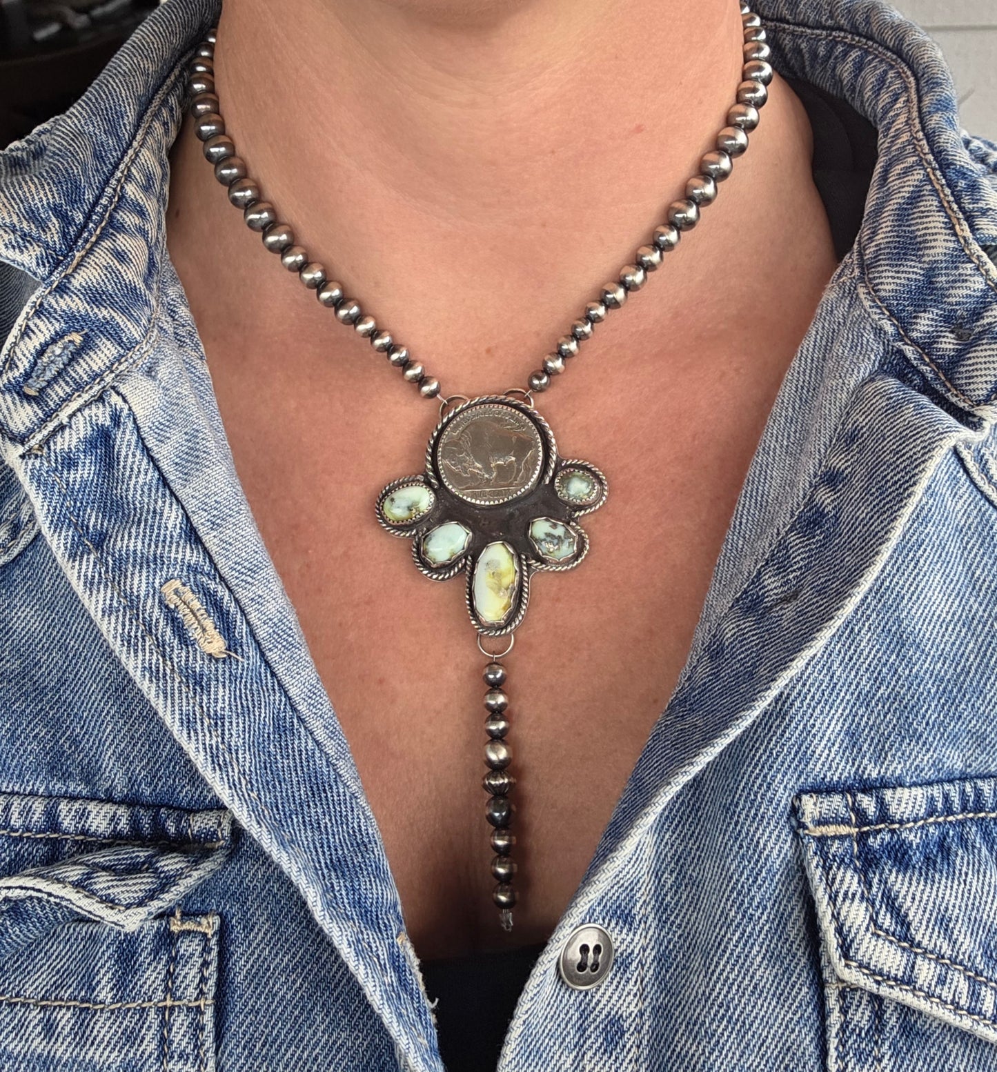 Buffalo Coin• Palomino & Sterling Silver Navajo Style Pearls. 16 inches