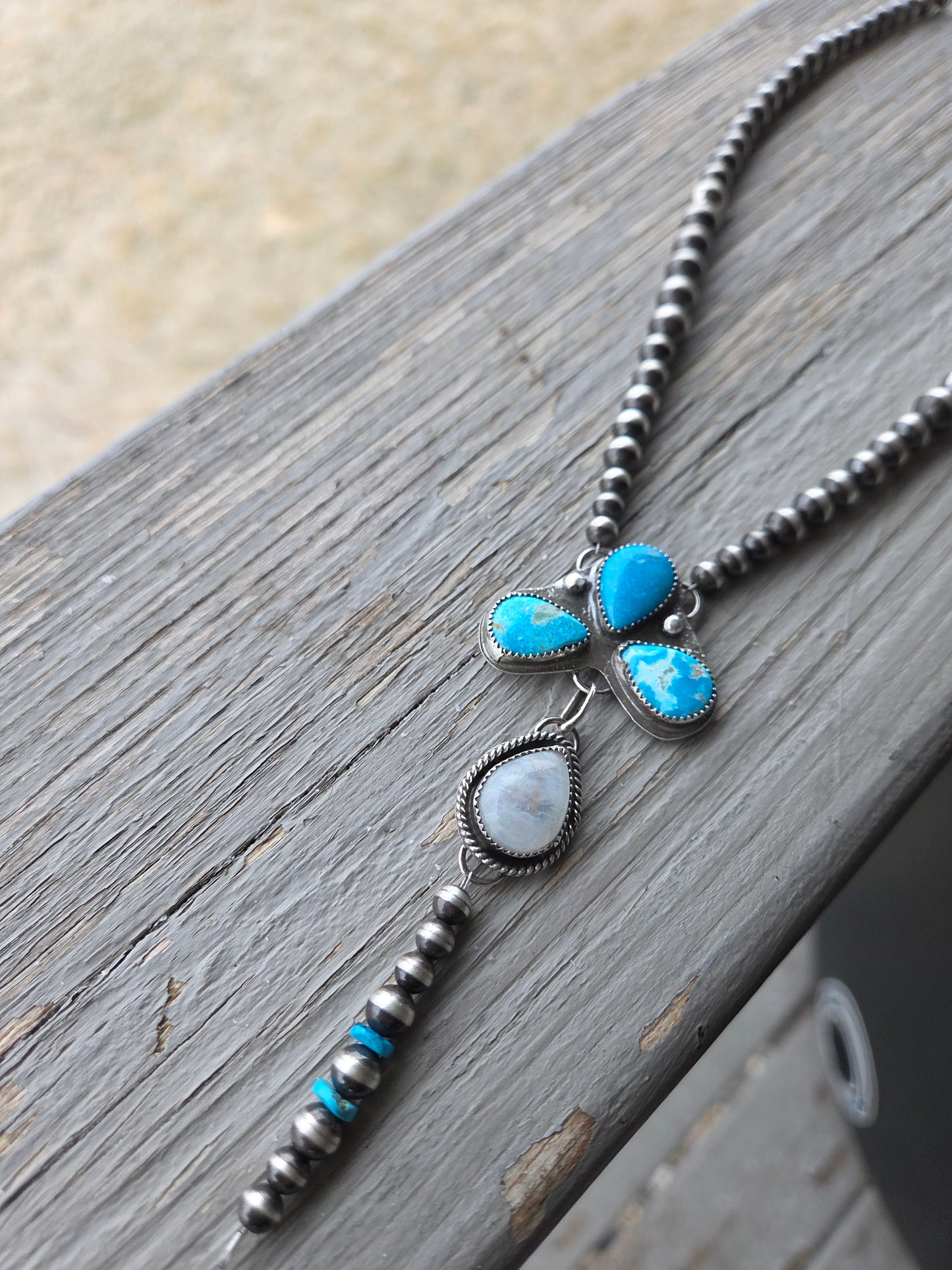 Blue Bird Turquoise & Moonstone Lariat & Sterling Silver Navajo Style Pearls 16 inches