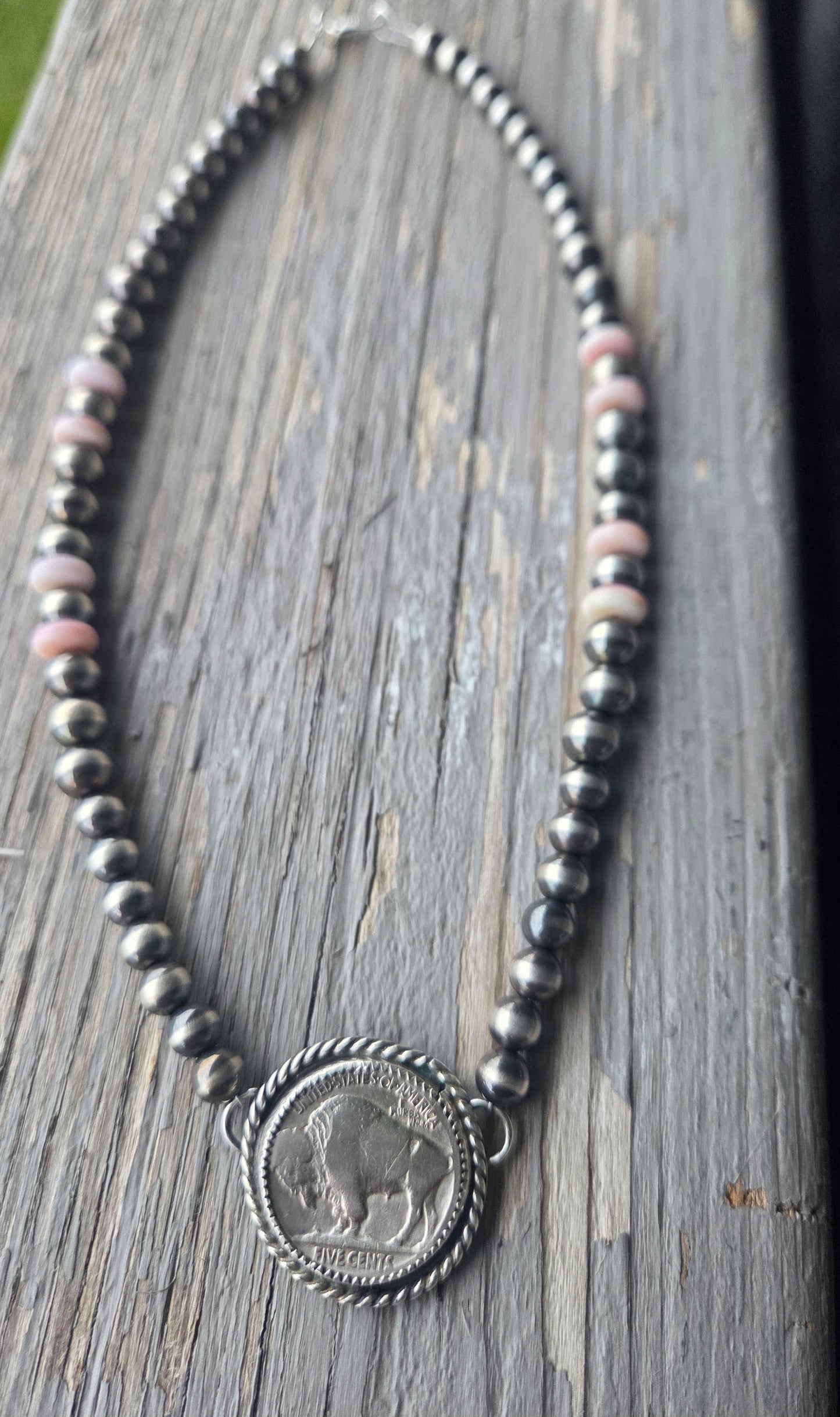 Buffalo Coin • Pink Conch • Sterling Silver Navajo Style Pearl